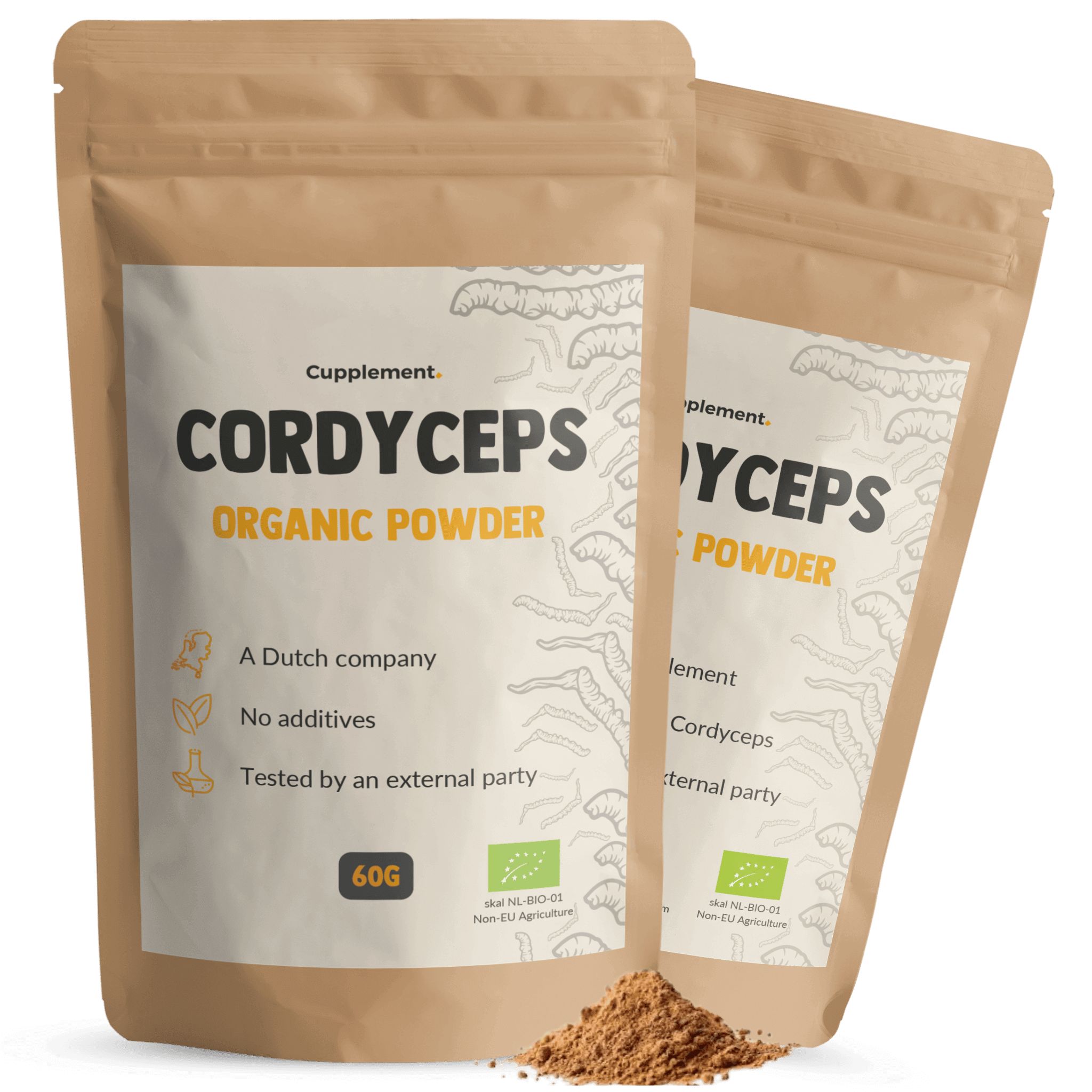 Zwei Beutel Cordyceps-Pulver. Aufschrift: Cordyceps Organic Powder. 60g. Bio-Siegel.