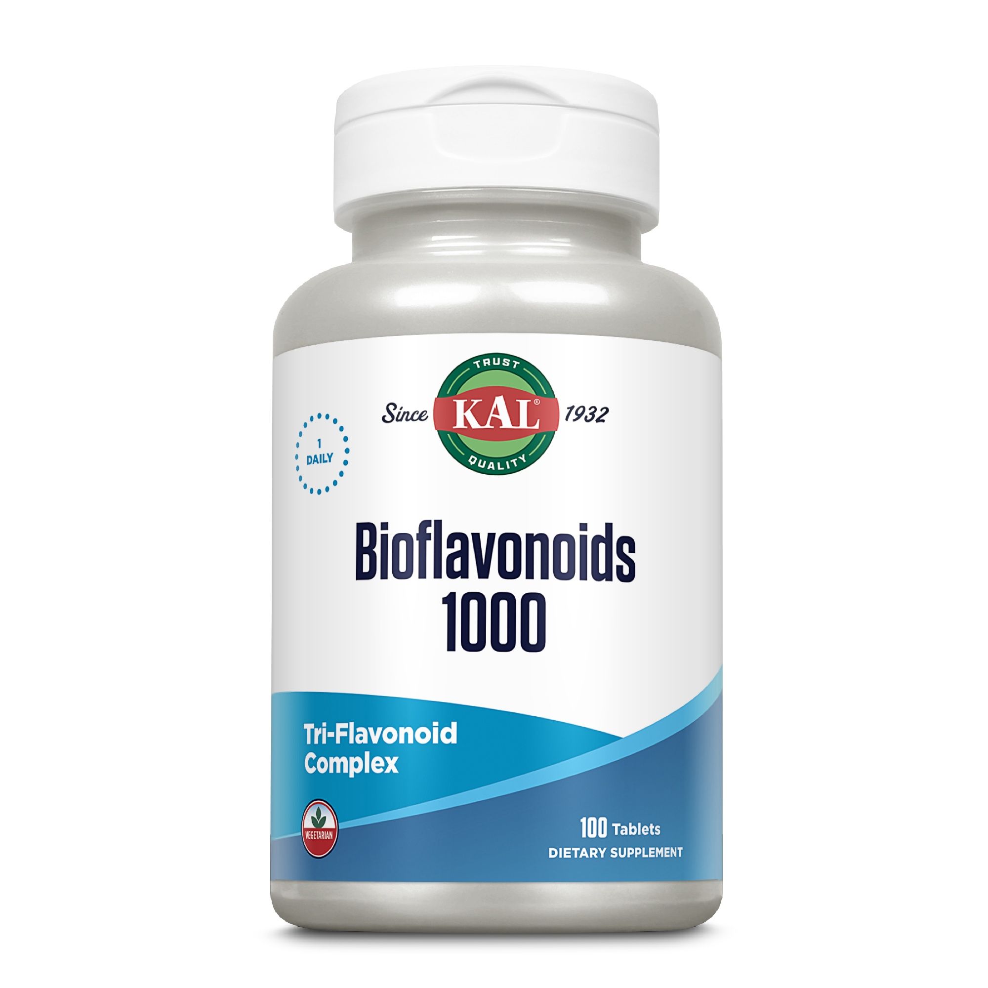 Weißes Fläschchen mit KAL Bioflavonoids 1000. Text: Tri-Flavonoid Complex, 100 Tabletten, Nahrungsergänzungsmittel.