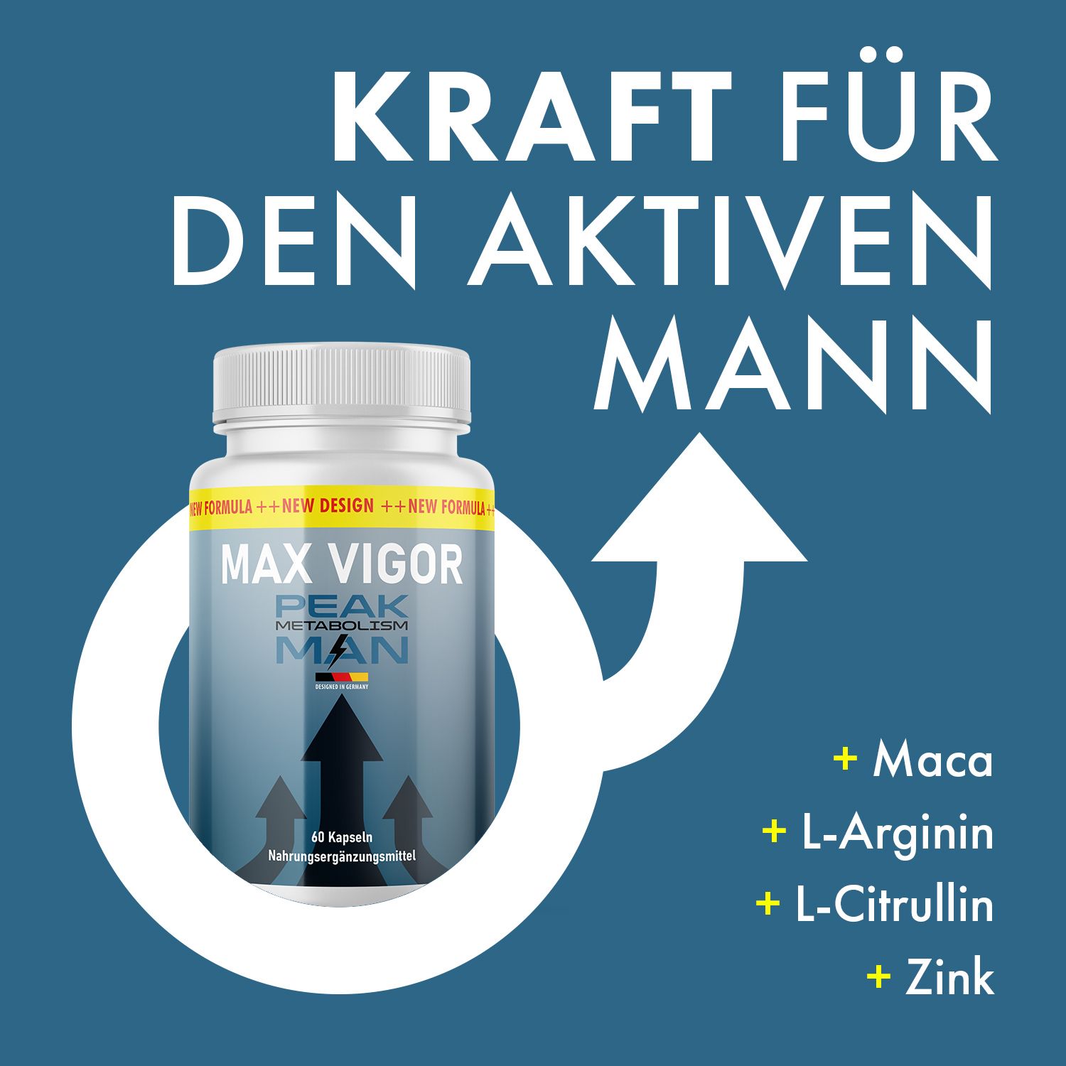 Kapsel-Dose mit gelbem Etikett. Aufschrift: MAX VIGOR PEAK METABOLISM MAN. Weiße Pfeil-Grafik. Inhaltsstoffe: Maca, L-Arginin, L-Citrullin, Zink.