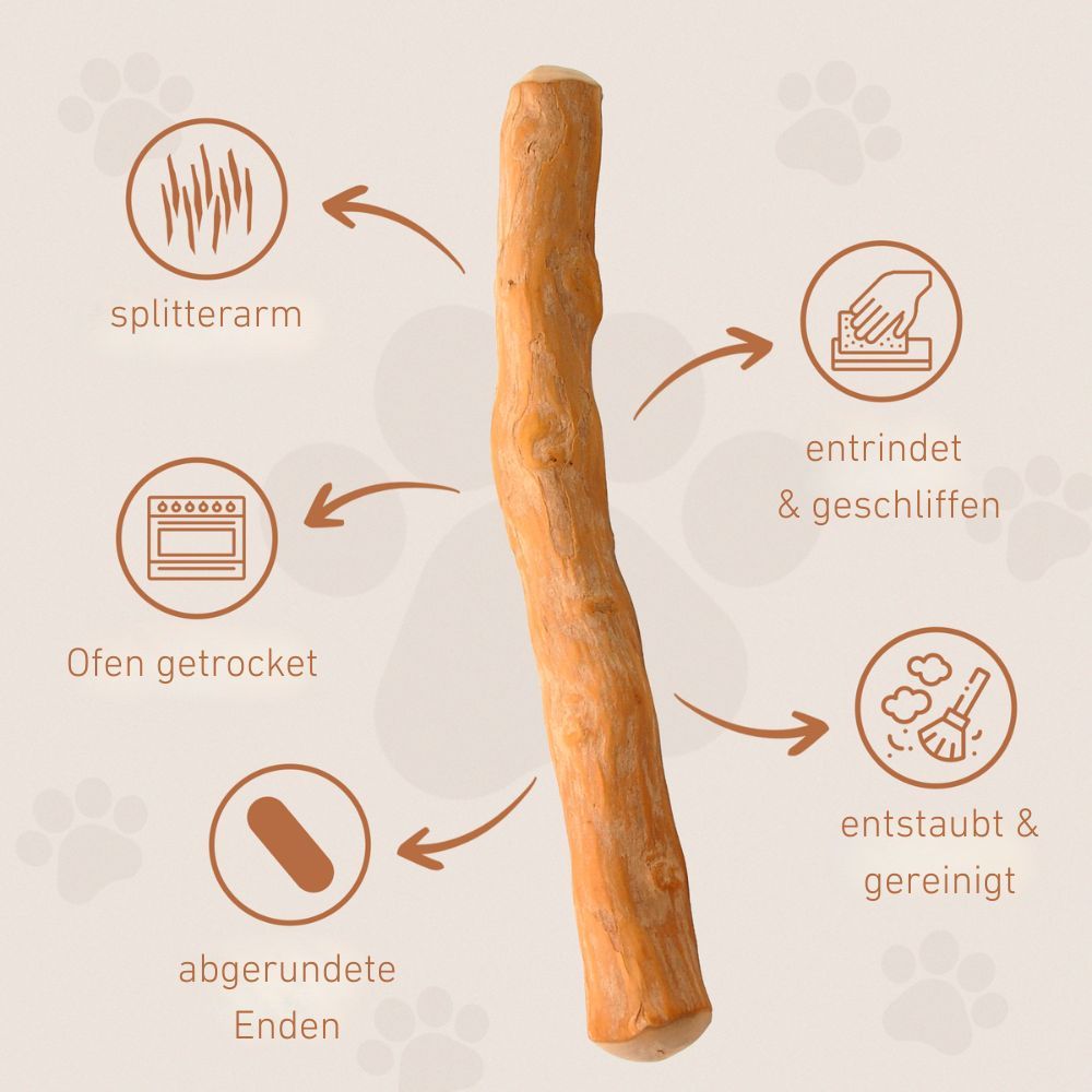 Kaffeeholz-Kaustab. Grafiken: splitterarm, entrindet & geschliffen, Ofen getrocknet, entstaubt & gereinigt, abgerundete Enden.