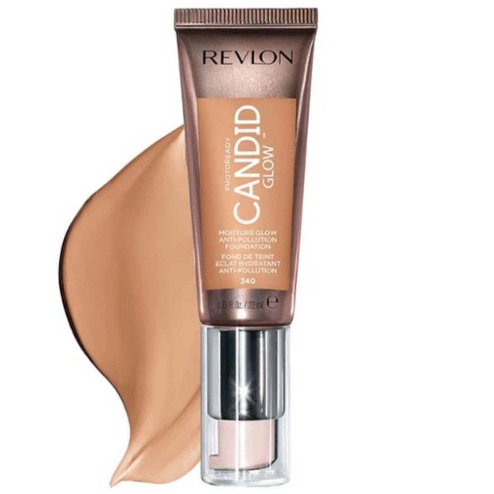 Revlon PhotoReady Candid Glow Foundation. Tube mit Produkt und Farbprobe. Text: Candid Glow, Anti-Verschmutzung.