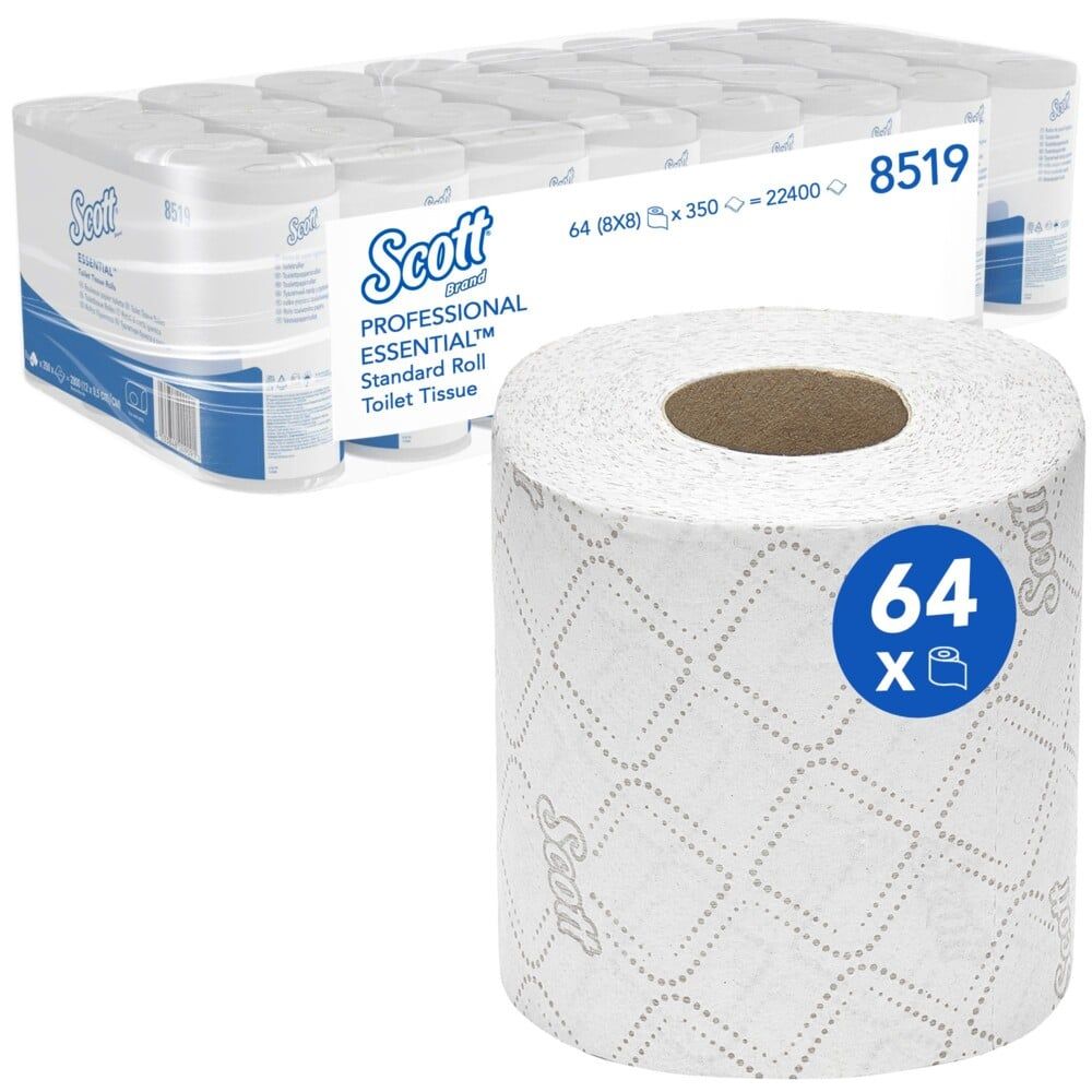Toilettenpapier-Rolle mit Prägemuster. Blaue Kennzeichnung mit "64 x". Packung mit mehreren Rollen im Hintergrund. Scott Professional Essential.