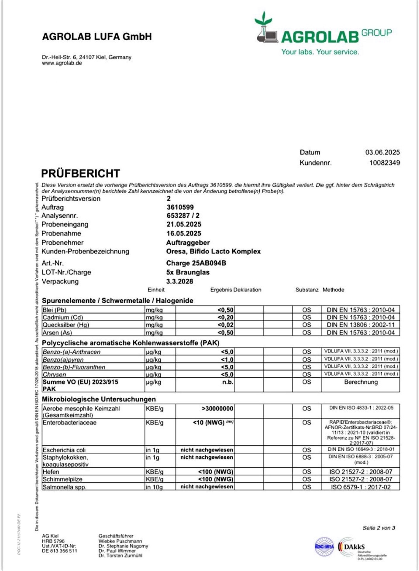 Prüfbericht von Agrolab LUFA GmbH. Details zu Analyse, Probenahme, und Ergebnissen.