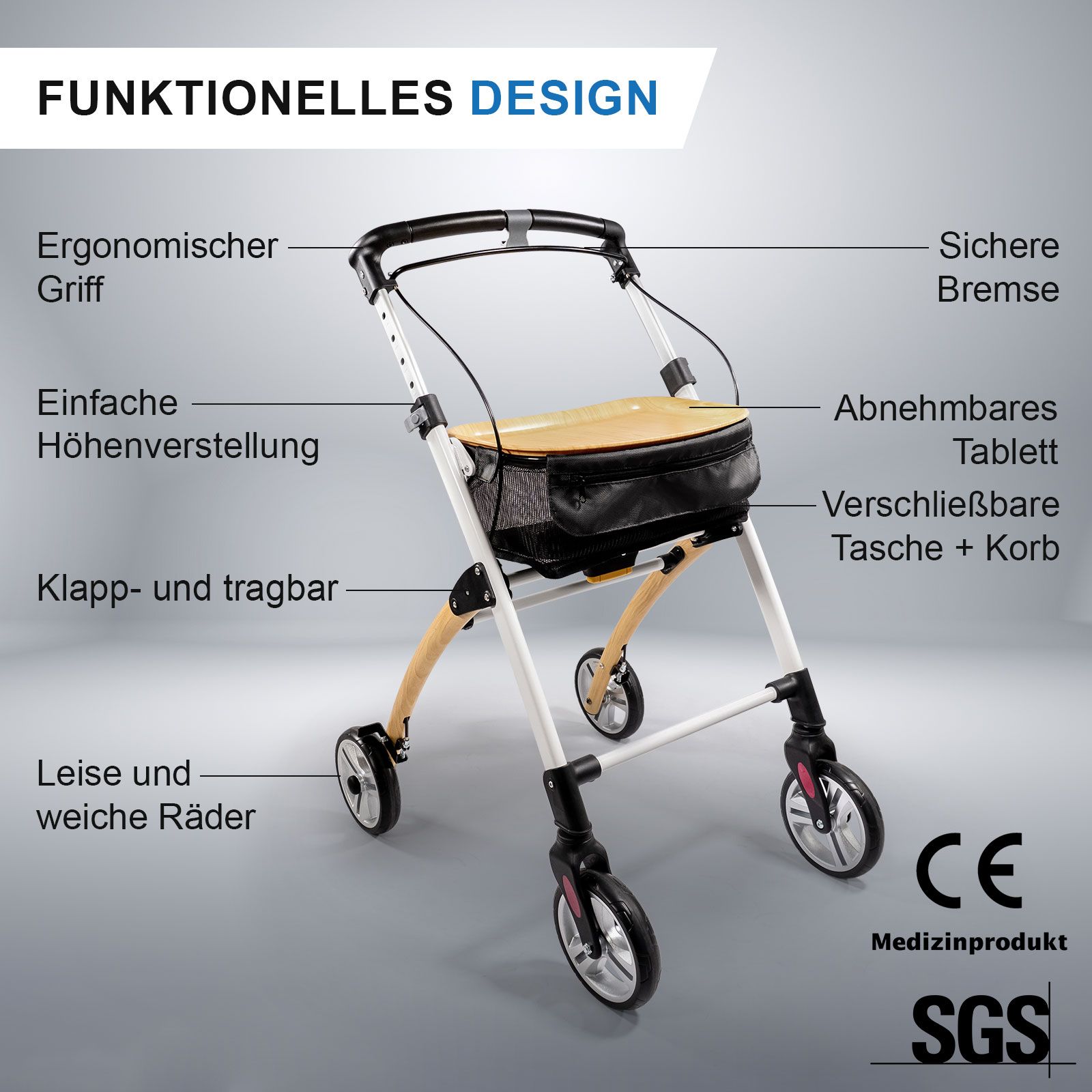 Rollator mit Sitz, Holz- und Metallkonstruktion. Vier Räder, schwarze Griffe, Korb. Beschriftung: 'Funktionelles Design', CE-Kennzeichnung, SGS.