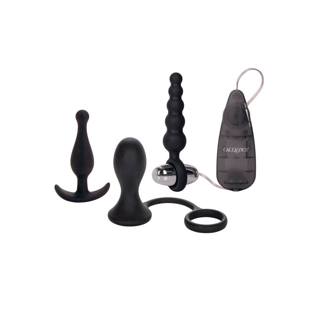 Vier schwarze Produkte: ein Anus-Plug, ein Prostata-Stimulator, ein Ring und ein Stimulator mit Kabel. Marke: Calexotics.
