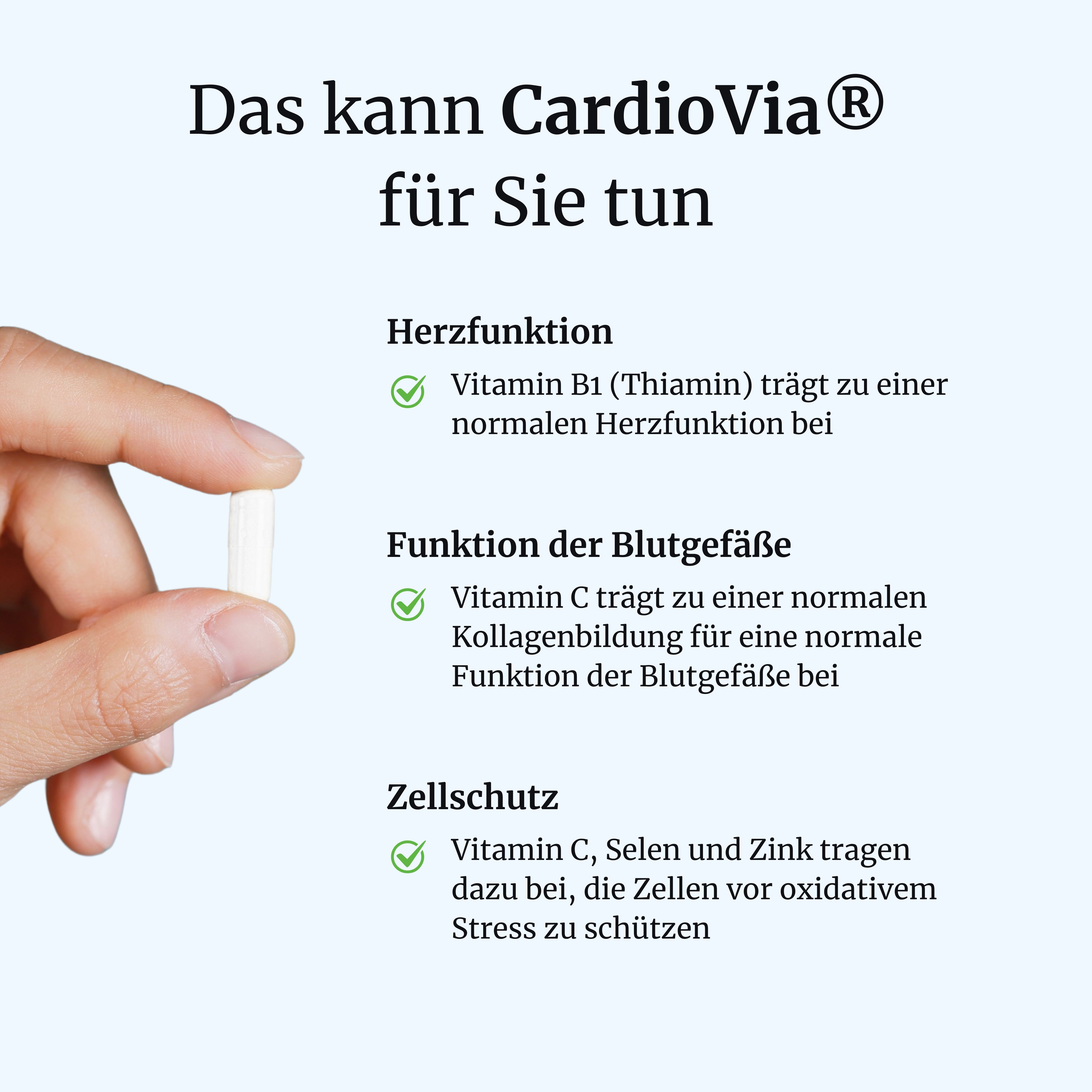 Hand hält eine weiße Kapsel neben Text über Herzfunktion, Gefäßfunktion und Zellschutz.