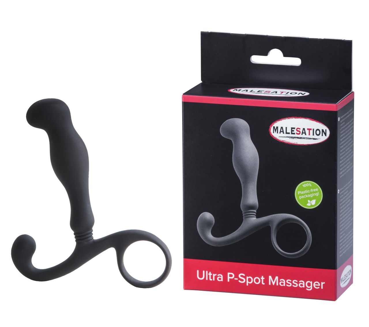 Schwarzes Massagegerät mit Ring und Verpackung. Aufschrift: MALESATION Ultra P-Spot Massager.