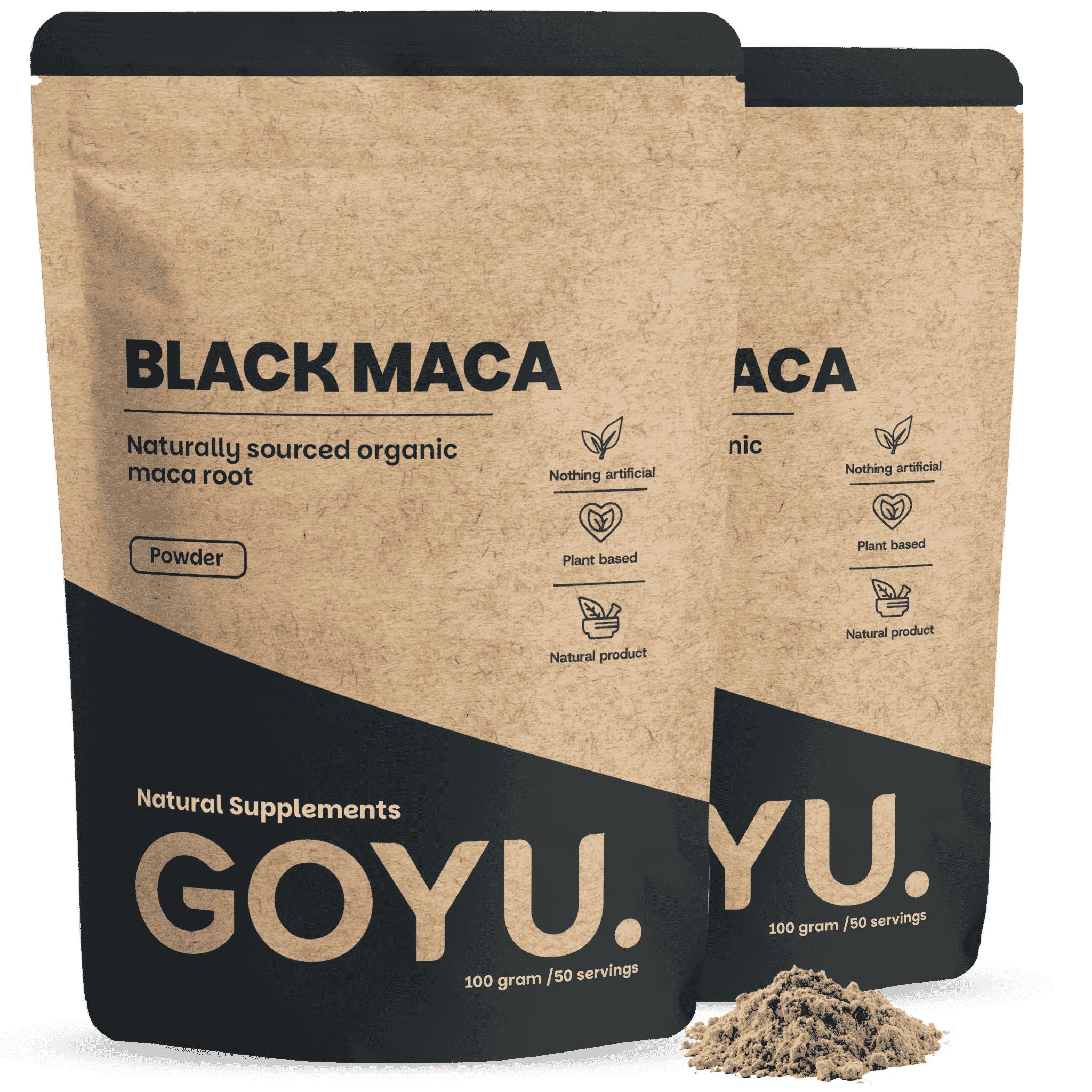 Zwei Packungen GOYU Black Maca Pulver, natürlich gewonnene Bio-Maca-Wurzel, 100 Gramm pro Packung.