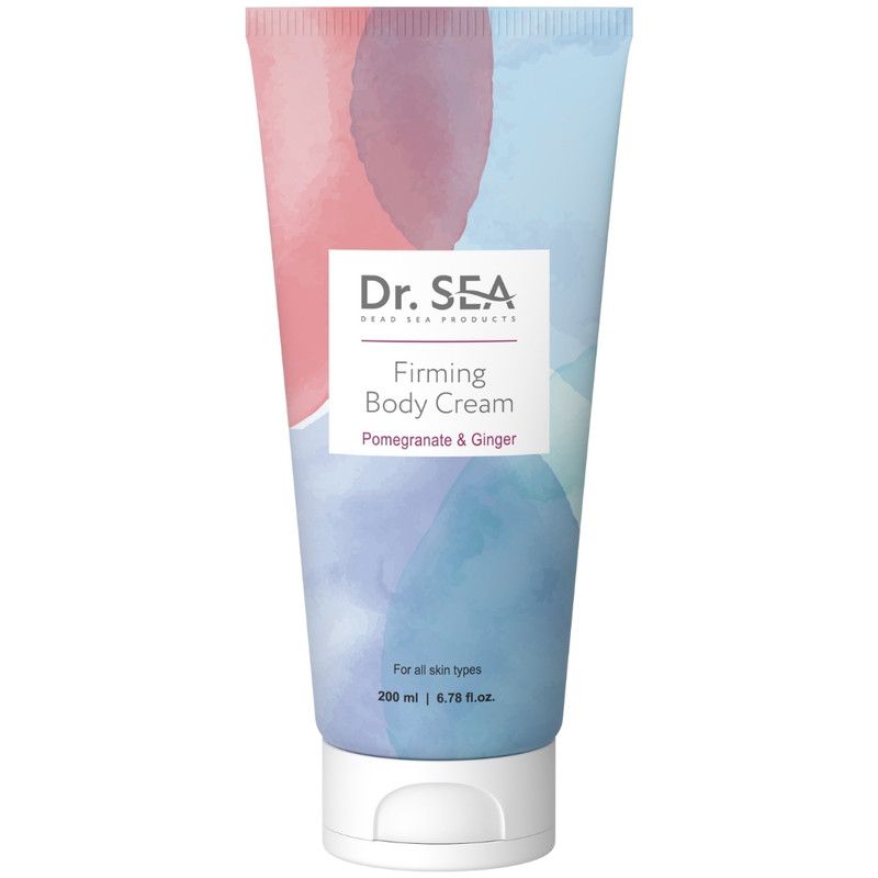 Körpercreme-Tube mit weißem Deckel. Aufschrift: Dr. SEA, Firming Body Cream, Granatapfel & Ingwer.