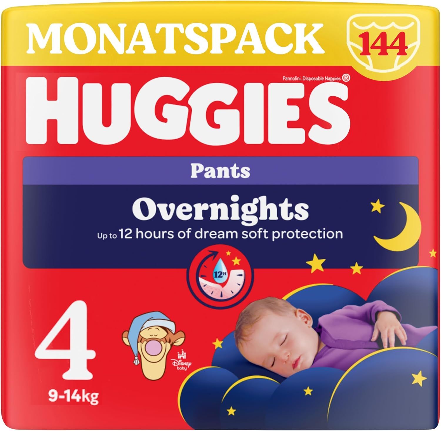 Verpackung Huggies Overnight Pants, Größe 4, 9-14 kg. Rote Packung mit Produktnamen, Mond, Sternen und schlafendem Baby.