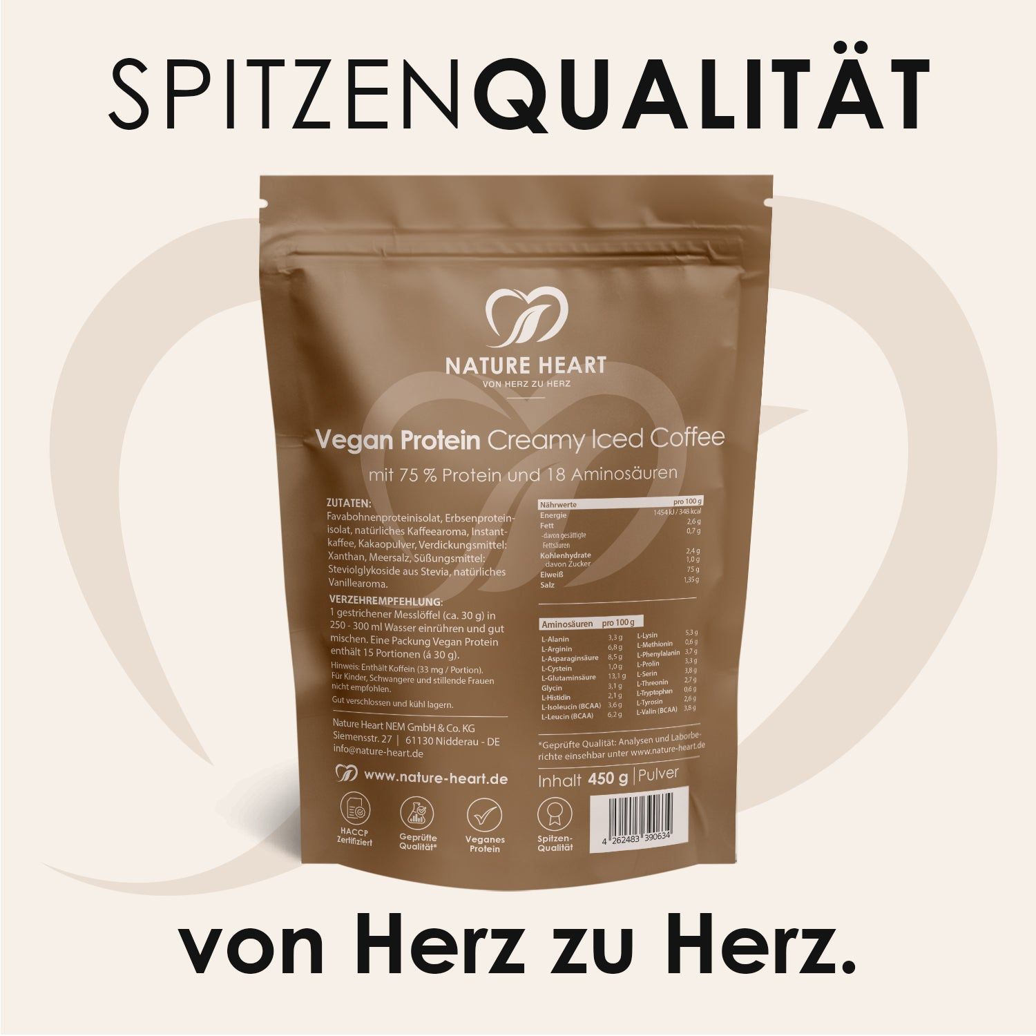 Rückseite des Nature Heart Creamy Protein Iced Coffee Beutels mit detaillierten Nährwertangaben und Zertifizierungen.
