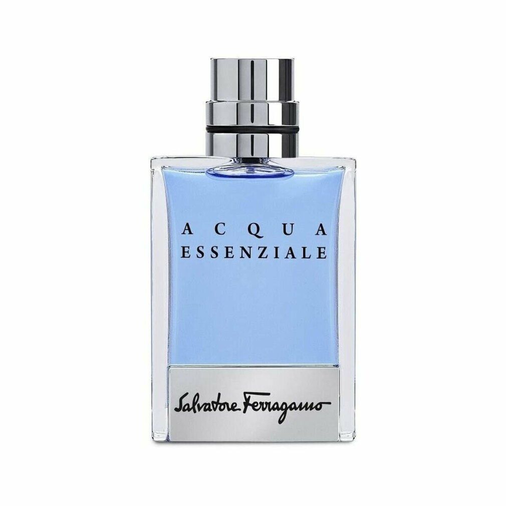 Hellblaues Eau de Toilette in quadratischem Flakon mit silbernem Verschluss. Aufschrift: Acqua Essenziale, Salvatore Ferragamo.