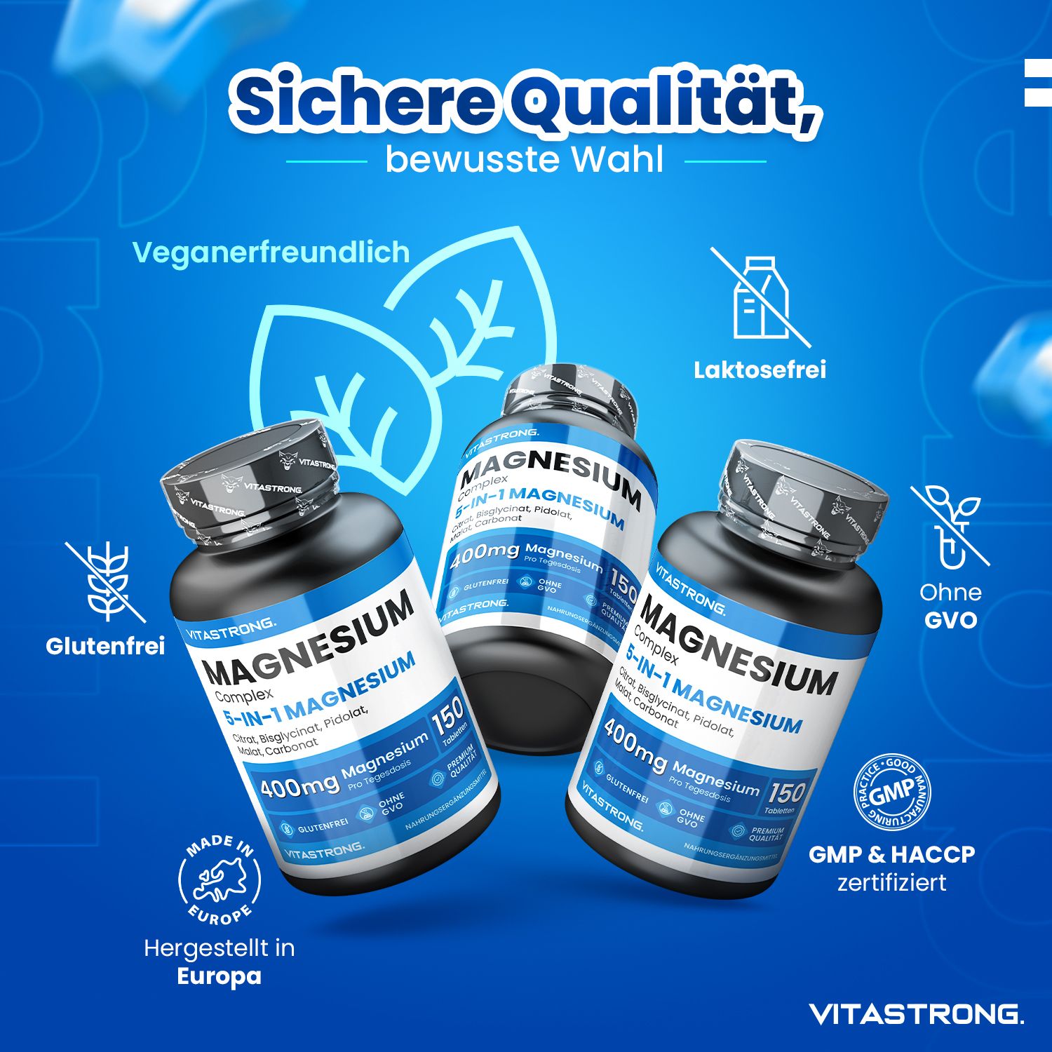 Drei Flaschen Magnesium-Komplex 5-in-1. 150 Tabletten, 400mg Magnesium. Vegan, laktosefrei, ohne GVO. GMP & HACCP zertifiziert.
