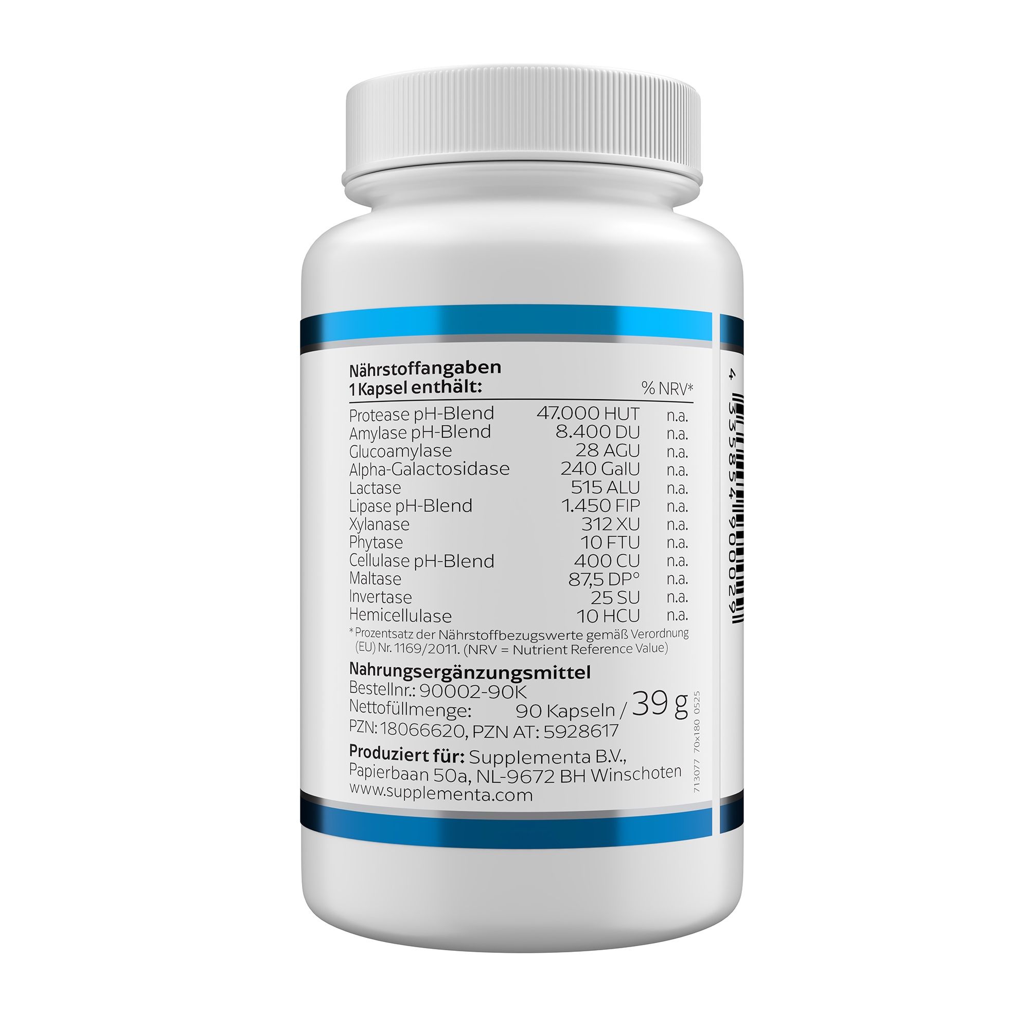 Rückseite einer weißen Flasche. Enthält Nährstoffangaben, darunter Protease, Amylase, Glucoamylase, und weitere Enzyme. 90 Kapseln, 39g.