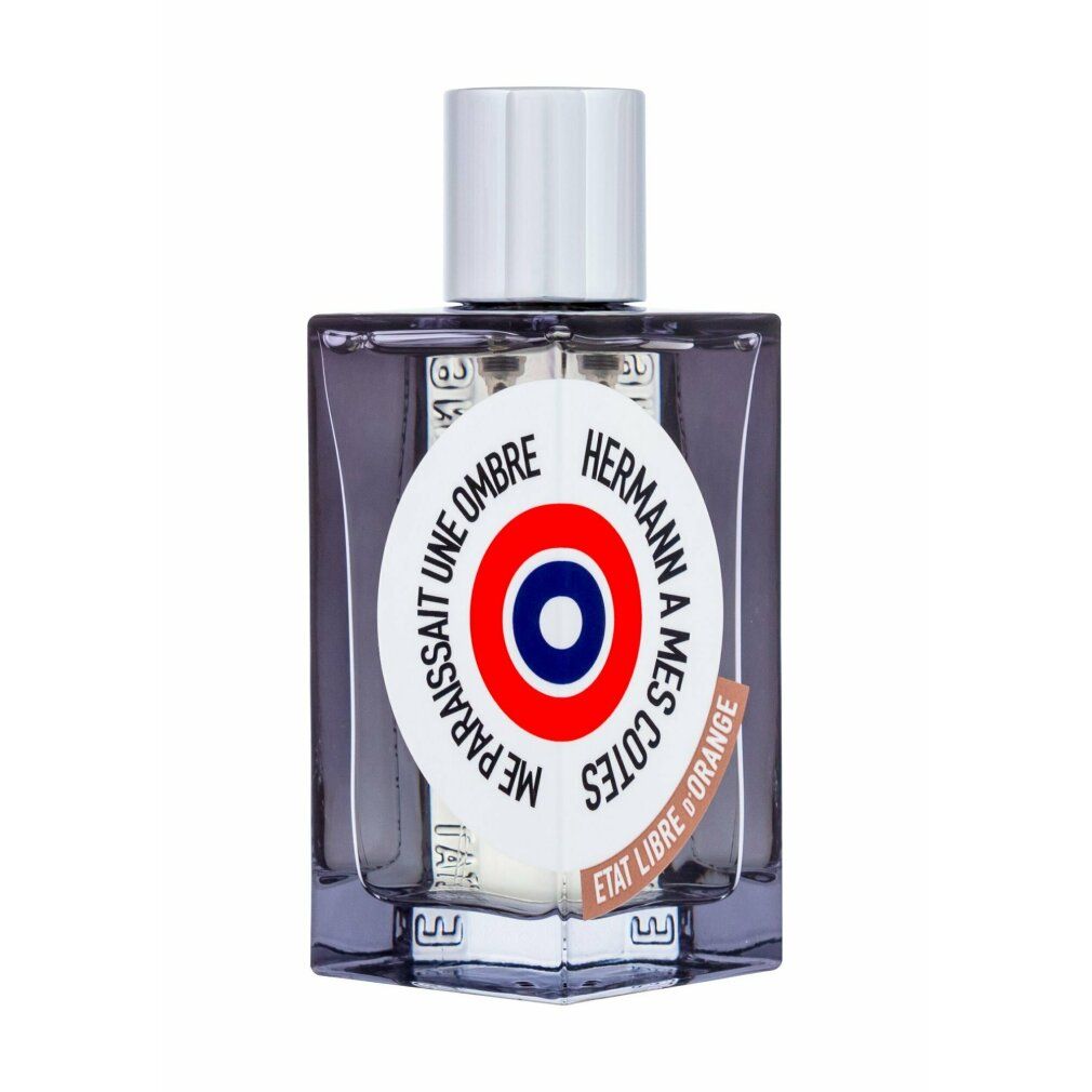 Rechteckiger Flakon mit silbernem Verschluss. Aufkleber mit Logo und Text. Etat Libre d'Orange Hermann a Mes Cotes Edp Spray.