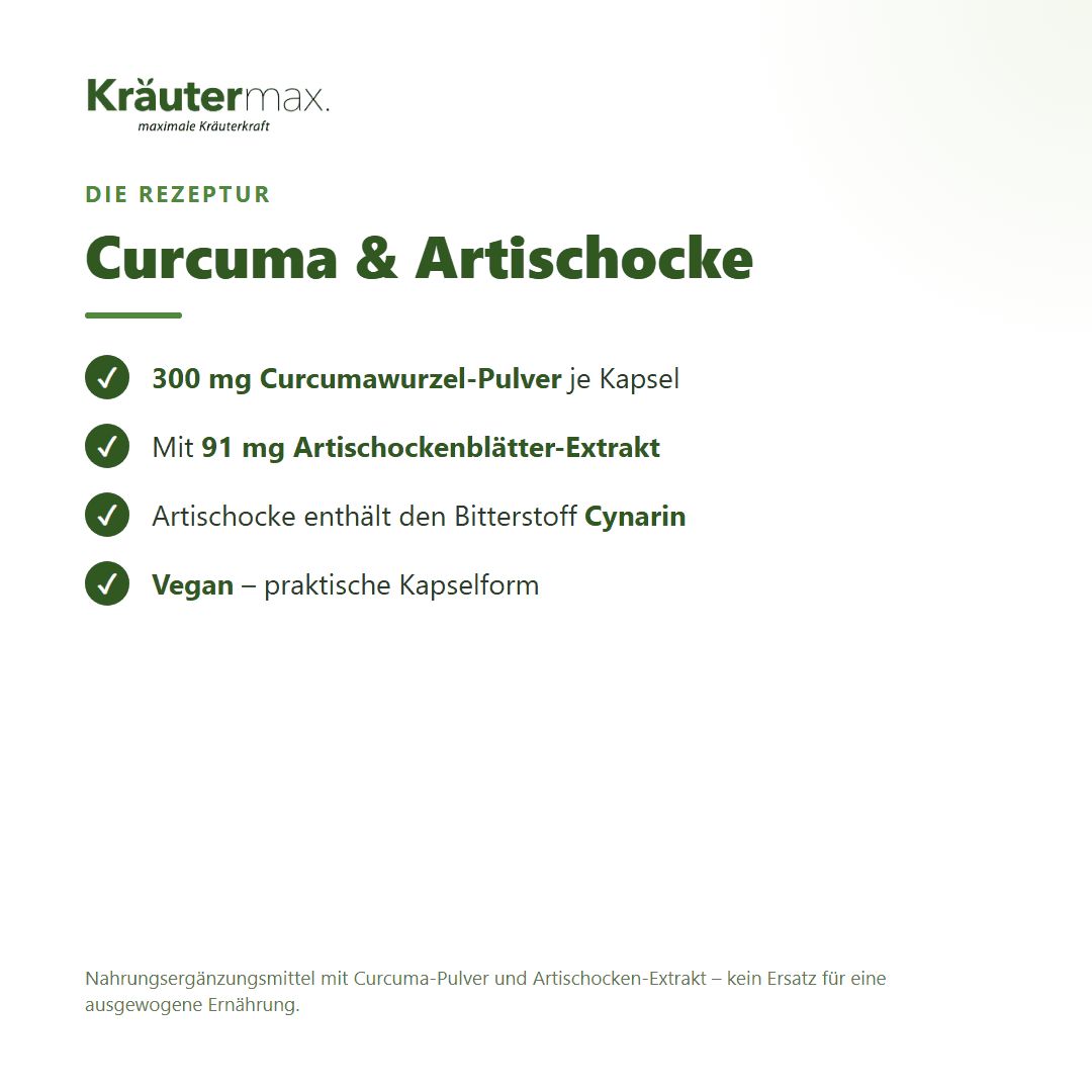 Kräutermax Rezeptur Curcuma & Artischocke: 300mg Curcumawurzel-Pulver, 91mg Artischockenextrakt, vegan.