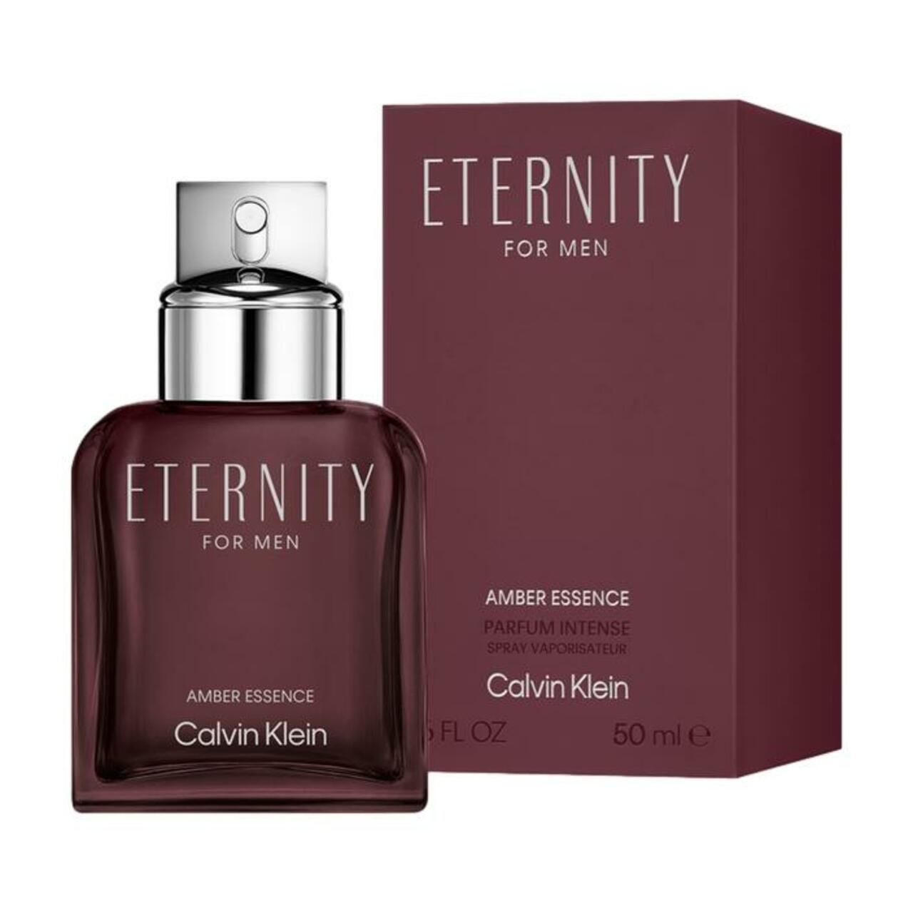 Calvin Klein Eternity for Men Amber Essence Flakon und Verpackung. Brauner Flakon, silberner Verschluss. Braune Verpackung mit Schriftzug.