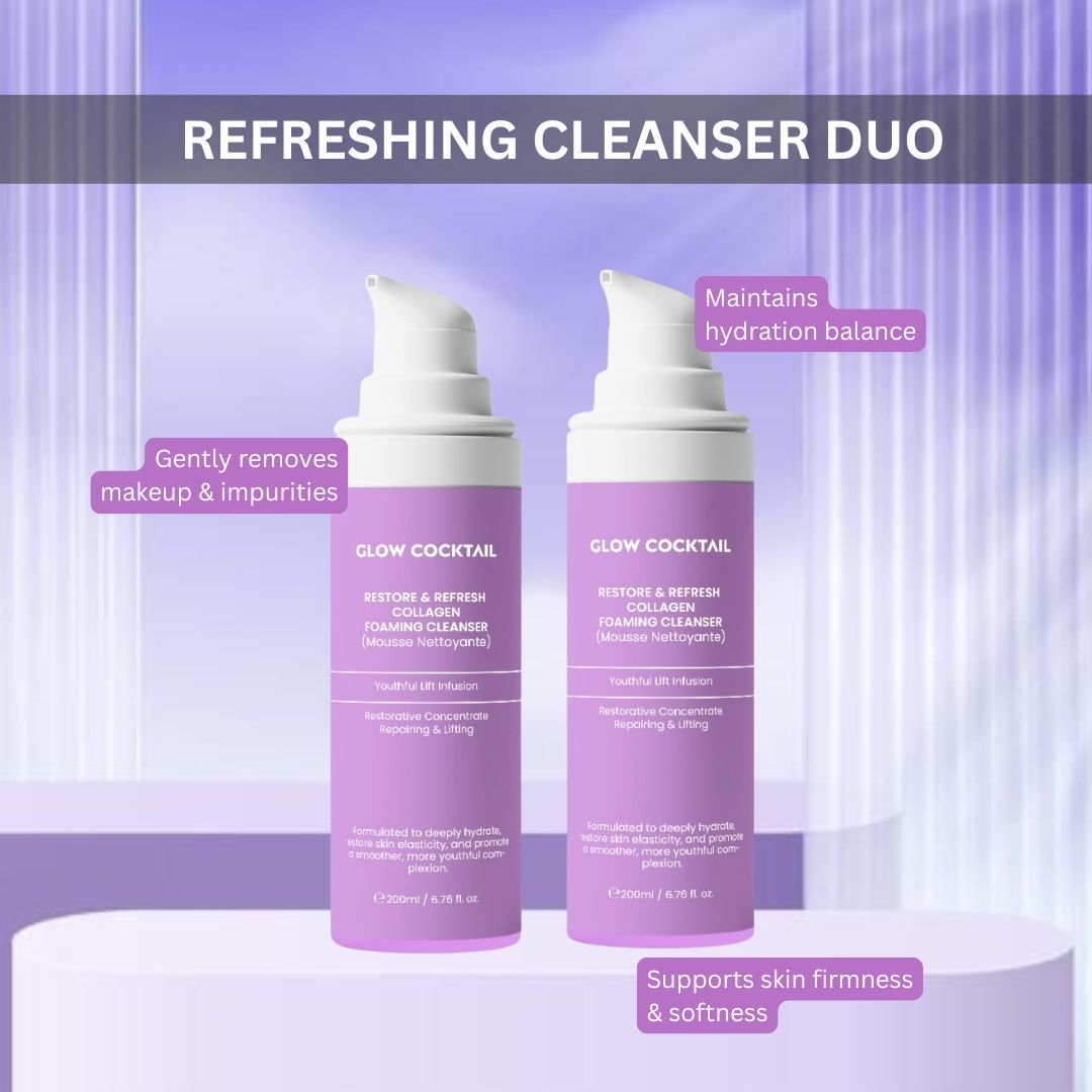 Zwei lila Flaschen mit weißem Pumpkopf. Text: Glow Cocktail, Restore & Refresh Collagen Foaming Cleanser. Beschriftungen.