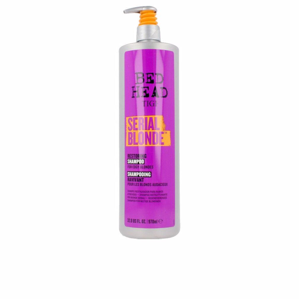 Tigi Bed Head Serial Blonde Shampoo Flasche. Lila Flasche mit gelbem Etikett. Pumpe mit orangefarbenem Kopf.