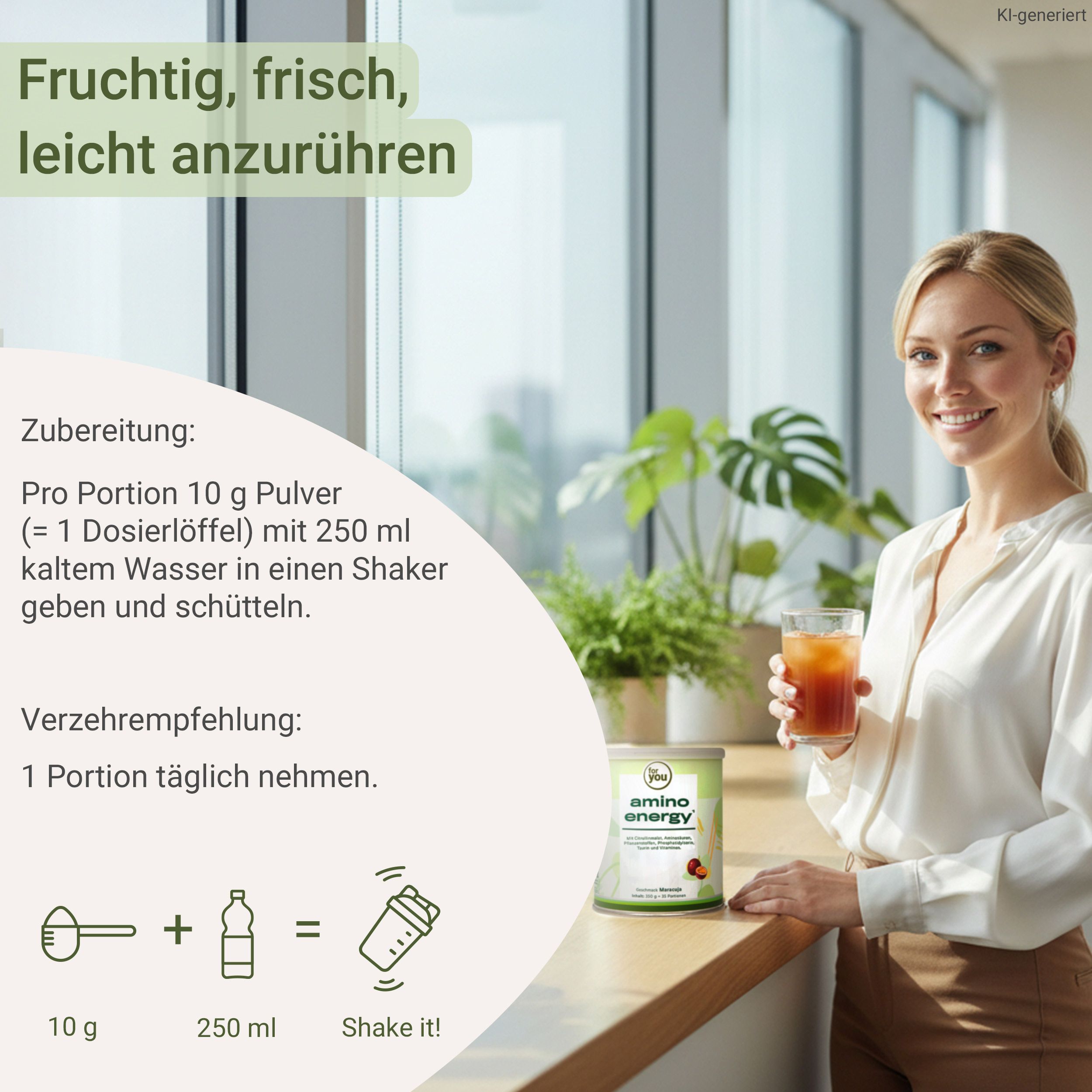 Frau mit Getränk, Dose 'amino energy' auf Theke, Zubereitungsschritte als Grafik.