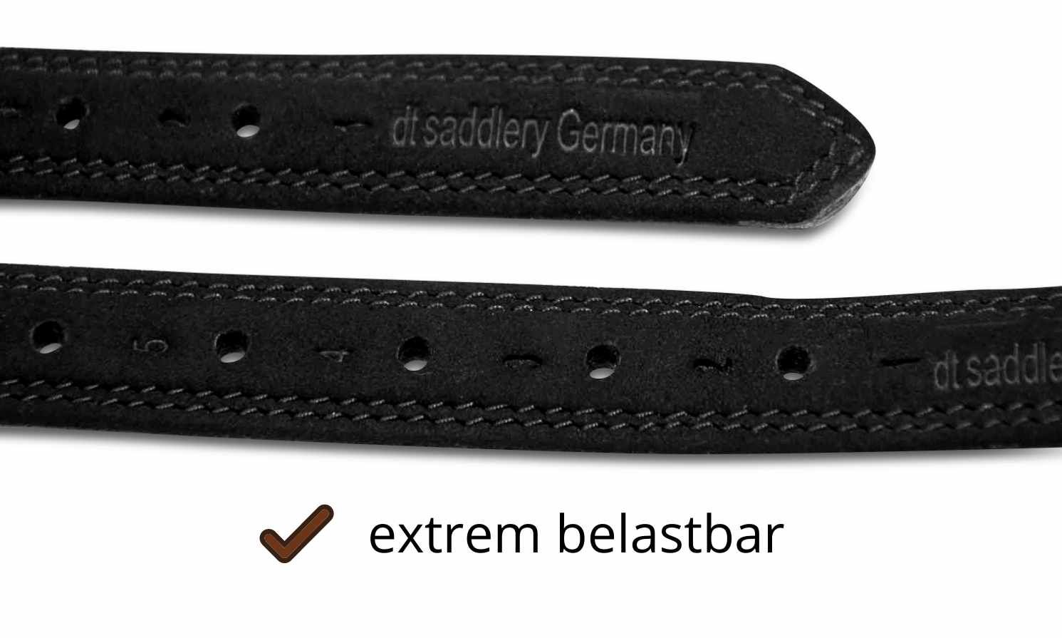 Nahaufnahme von schwarzen Steigbügelriemen. Text: dt saddlery Germany, extrem belastbar.