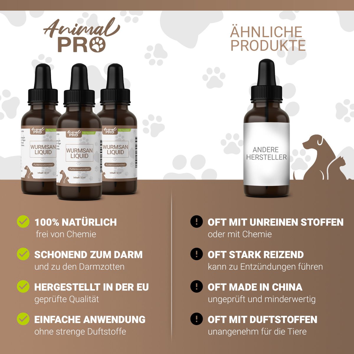 Drei Produktflaschen. Vergleich mit anderen Herstellern. 100% natürlich, schonend für den Darm, hergestellt in der EU.