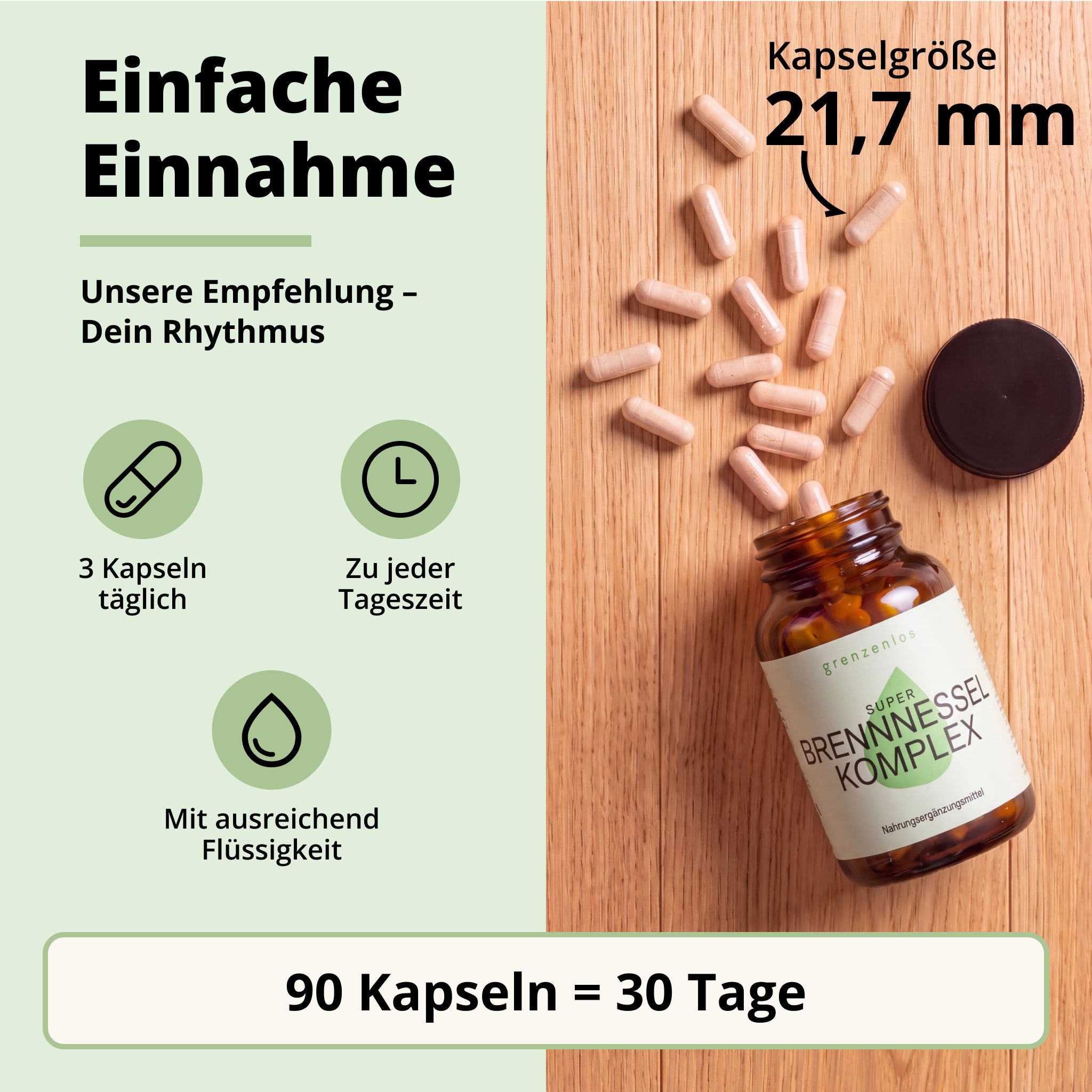 Flasche "Super Brennnessel Komplex" und Kapseln. Kapselgröße 21,7 mm. 90 Kapseln = 30 Tage.
