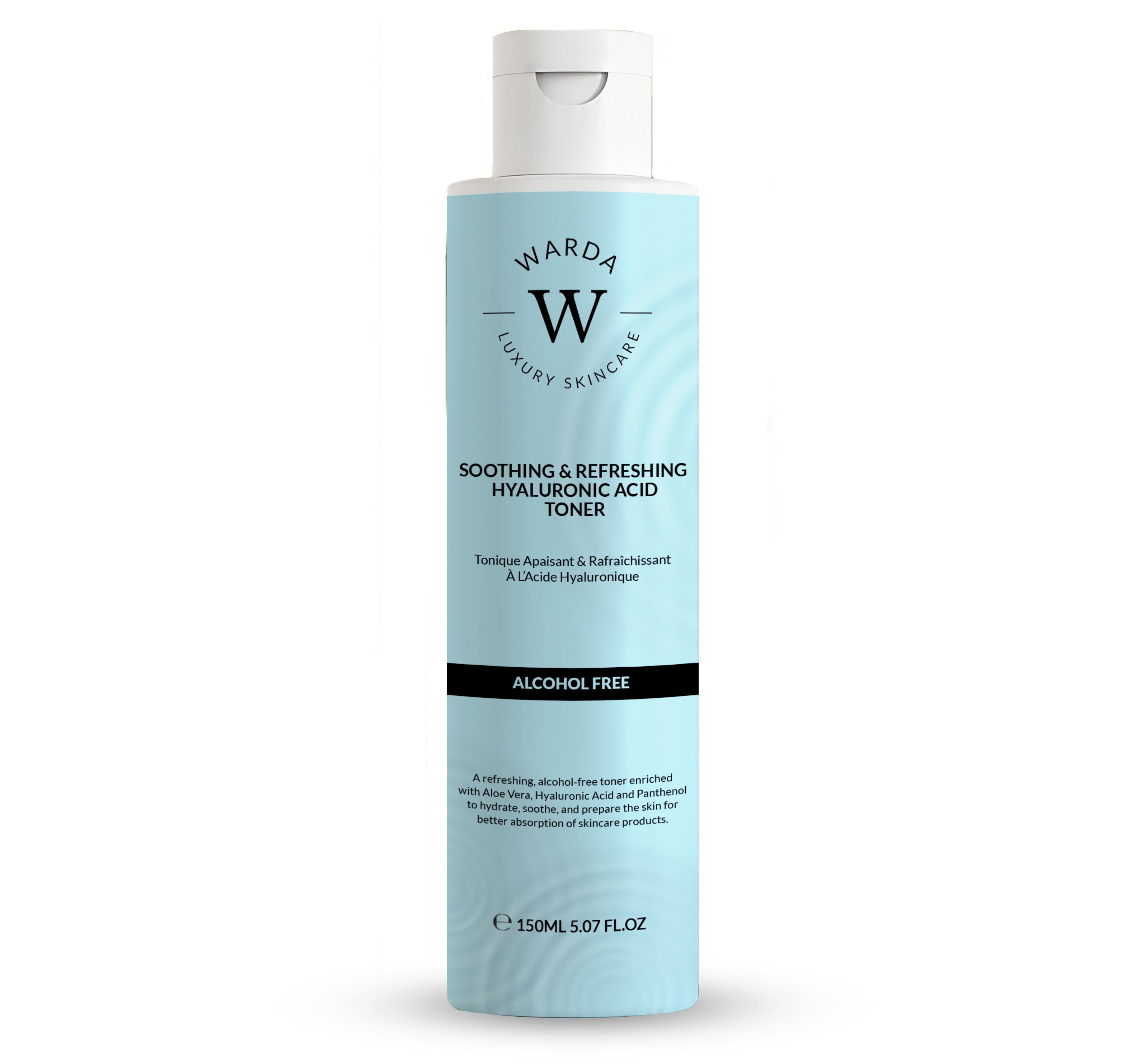 Hellblaues Fläschchen mit weißem Deckel. Aufschrift: WARDA LUXURY SKINCARE, SOOTHING & REFRESHING HYALURONIC ACID TONER, ALCOHOL FREE.