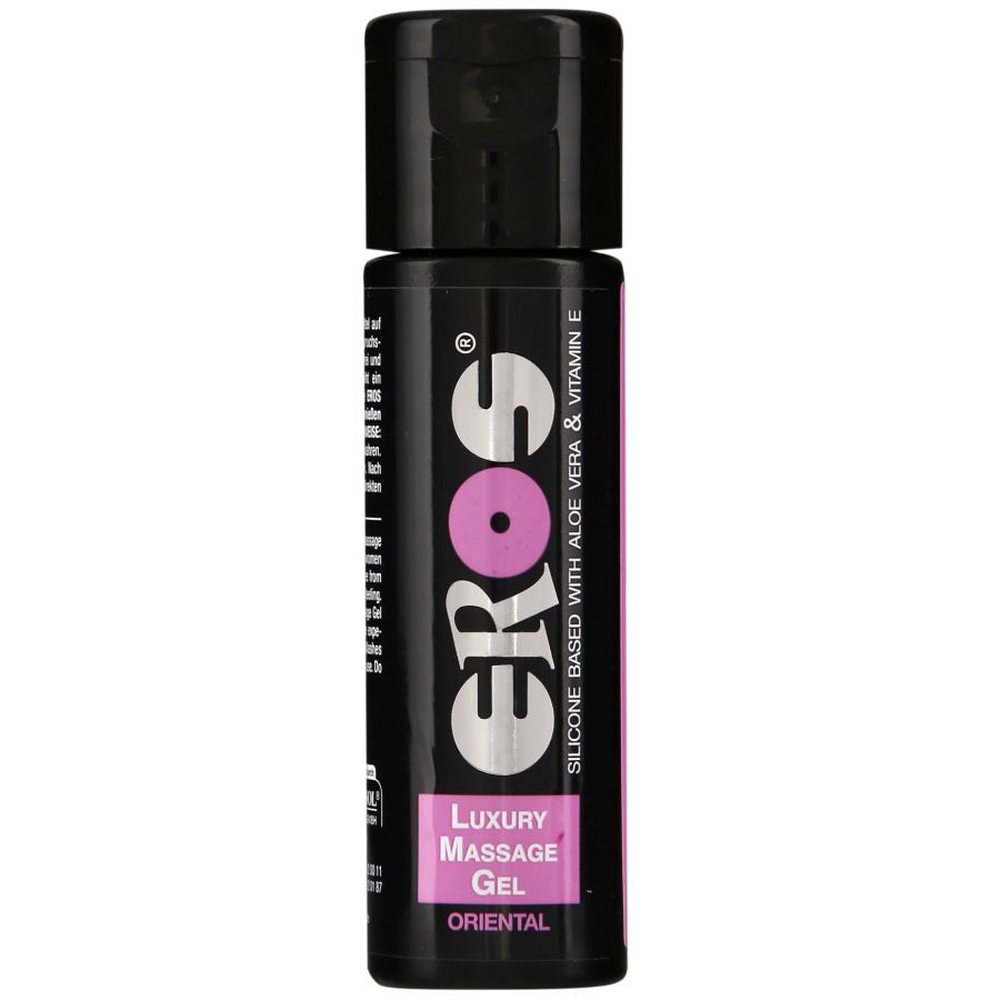 Schwarze Flasche mit rosa Etikett. Text: EROS, Luxury Massage Gel, Oriental. Enthält Aloe Vera & Vitamin E.