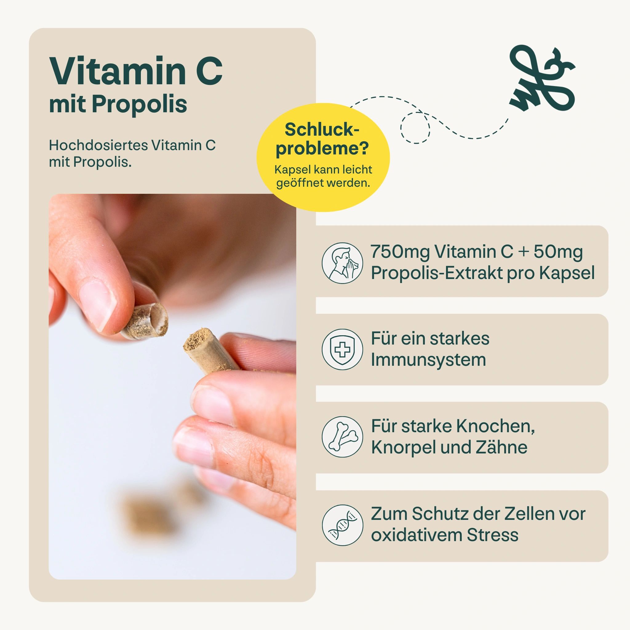 Nahaufnahme einer Kapsel. Text: 750mg Vitamin C + 50mg Propolis-Extrakt pro Kapsel. Informationen zum Immunsystem.