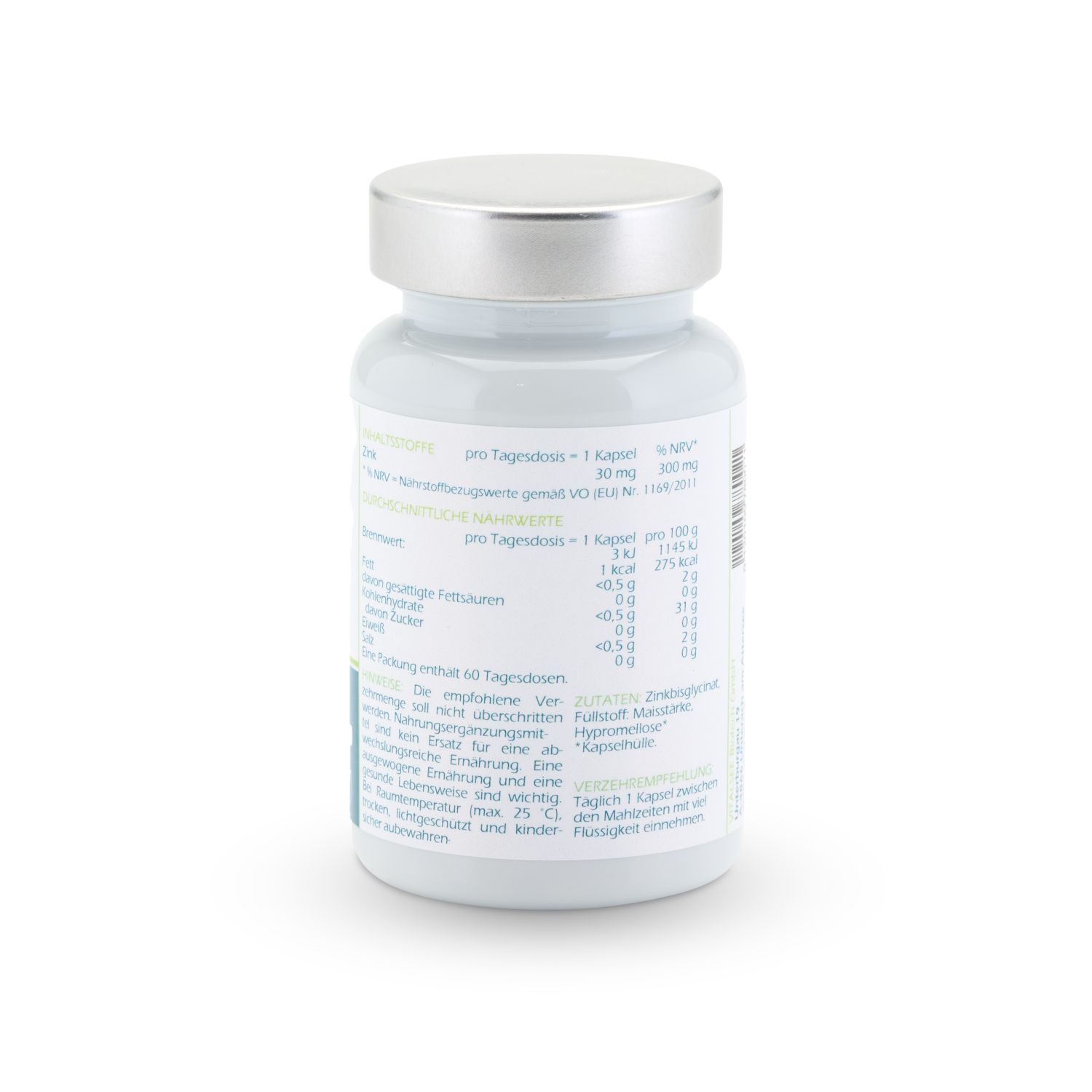 Rückseite einer Flasche Vitalsee ZINK 30. Enthält Informationen zu Inhaltsstoffen und Nährwerten. Silberner Deckel.