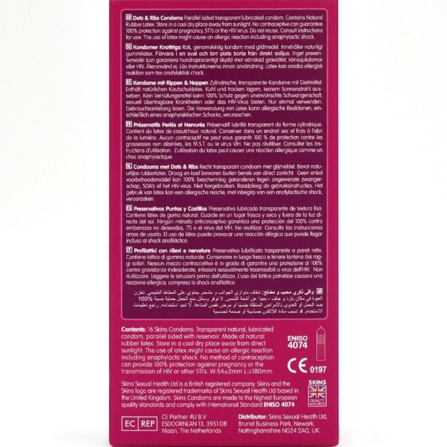 Rückseite der rosa Verpackung mit Text in mehreren Sprachen. Enthält Informationen zu den Kondomen.