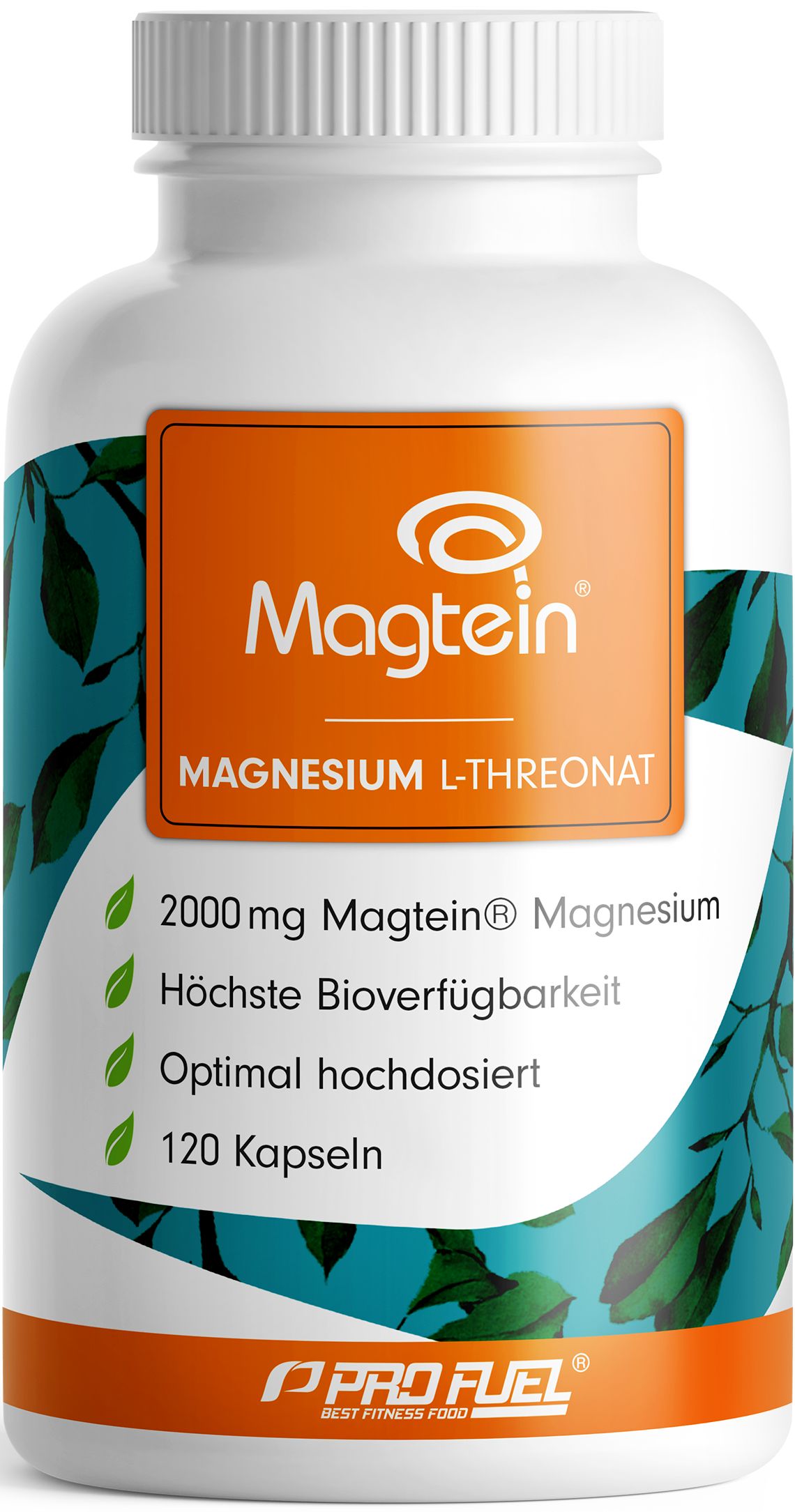 Weiße Flasche mit Kapseln. Aufschrift: Magtein, Magnesium L-Threonat, 2000 mg, 120 Kapseln. ProFuel Logo. Vegan-Siegel.