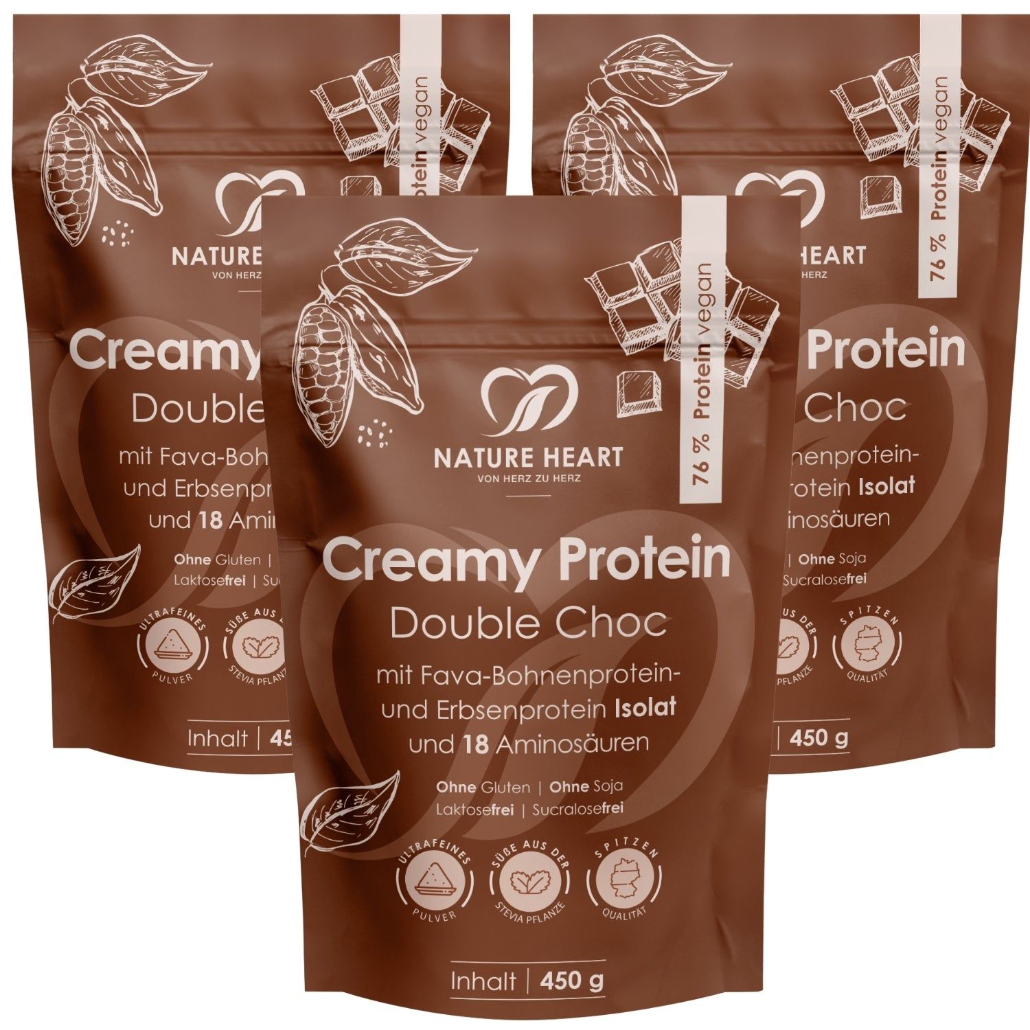 Nature Heart Creamy Protein Double Choc Beutel, 450g. Mit Fava-Bohnenprotein und Erbsenprotein.