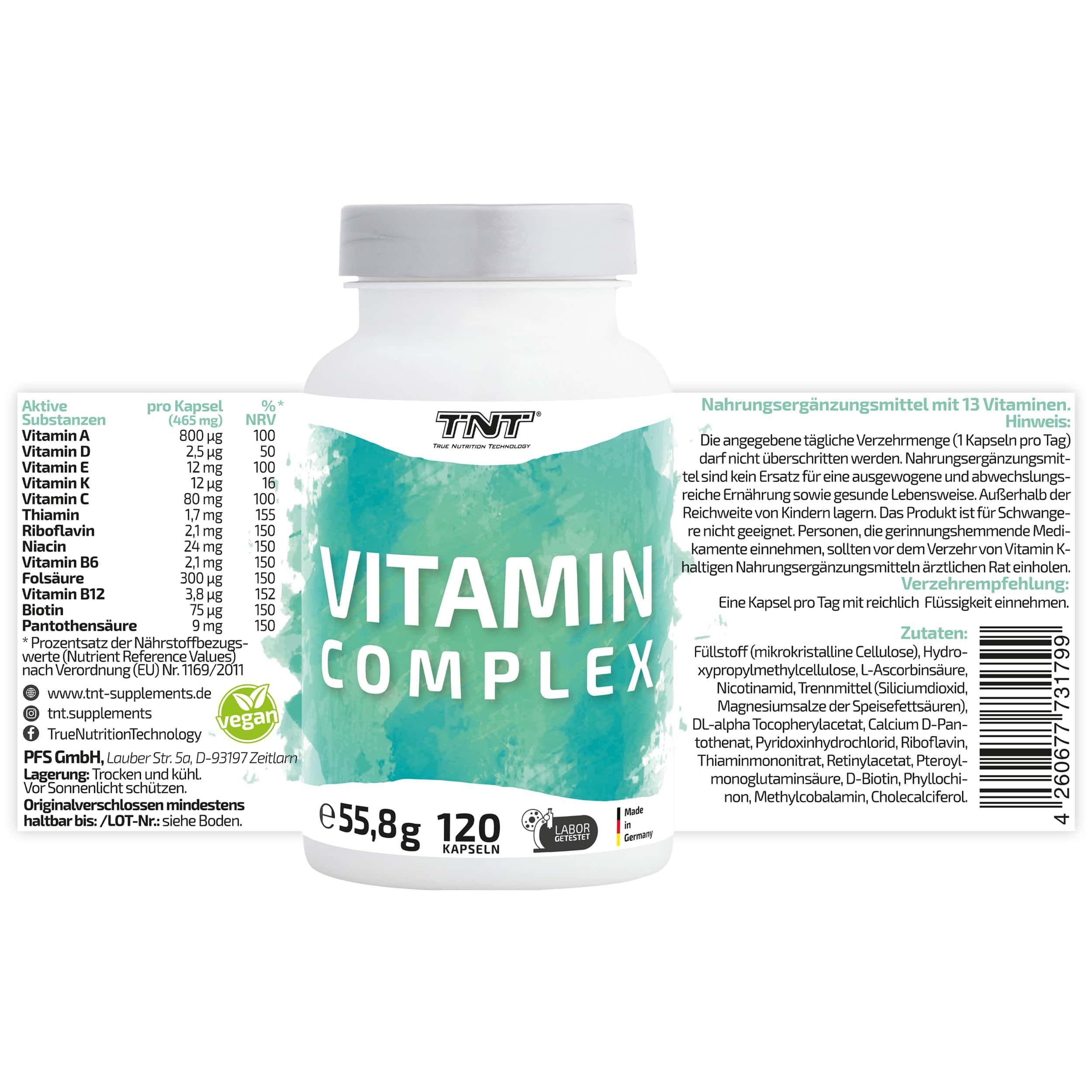 Flasche Vitamin Complex mit Zutatenliste. Enthält 13 Vitamine. Vegan. 120 Kapseln. 55,8g. Hergestellt in Deutschland. Laborgeprüft.