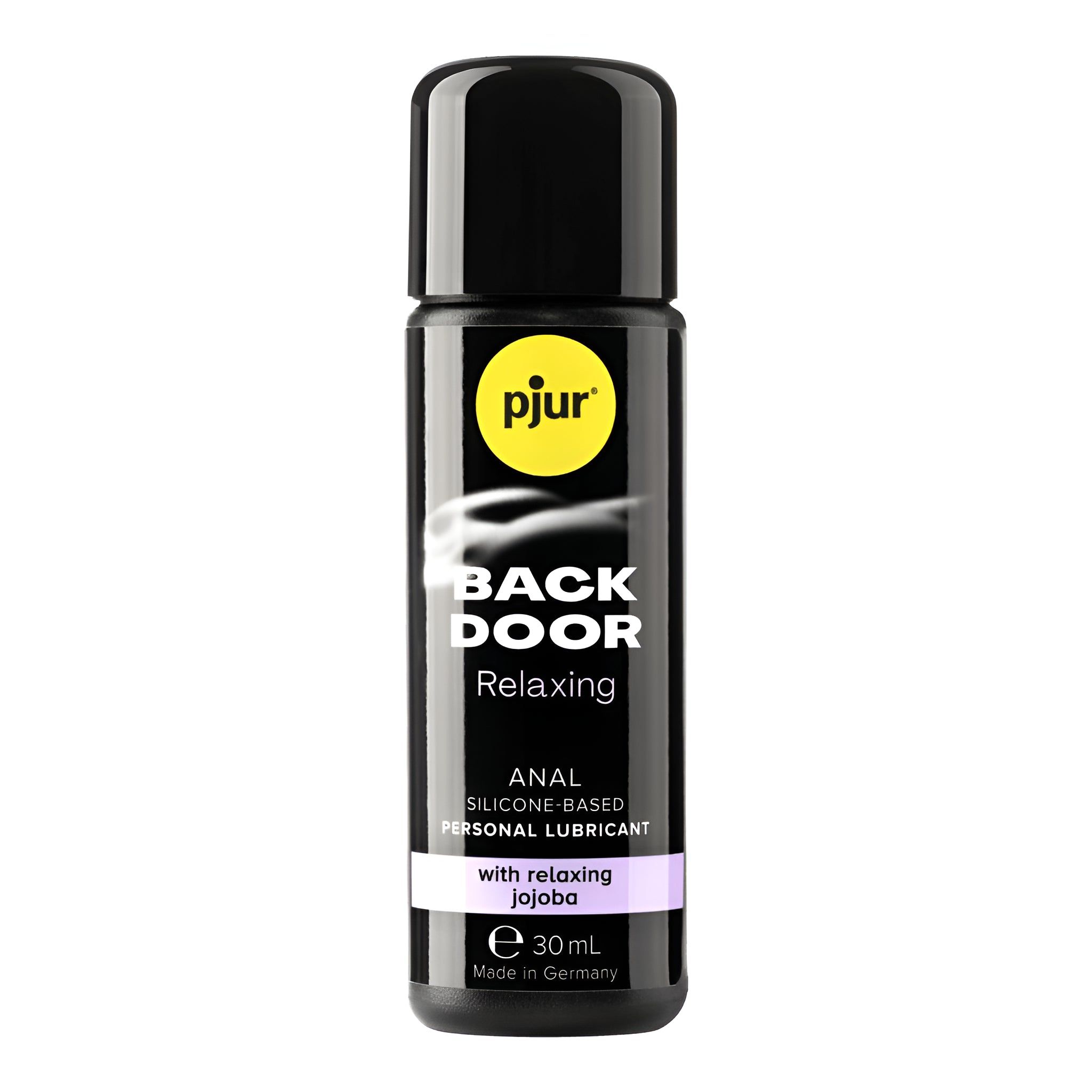Schwarze Flasche mit schwarzem Deckel. Aufschrift: pjur, BACK DOOR, Relaxing, Anal Lubricant. Enthält 30ml. Hergestellt in Deutschland.