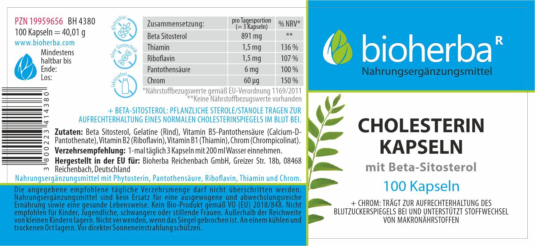 Etikett von Bioherba Cholesterin Kapseln. Enthält Informationen zu Inhaltsstoffen und Nährwerten. Text in Deutsch.