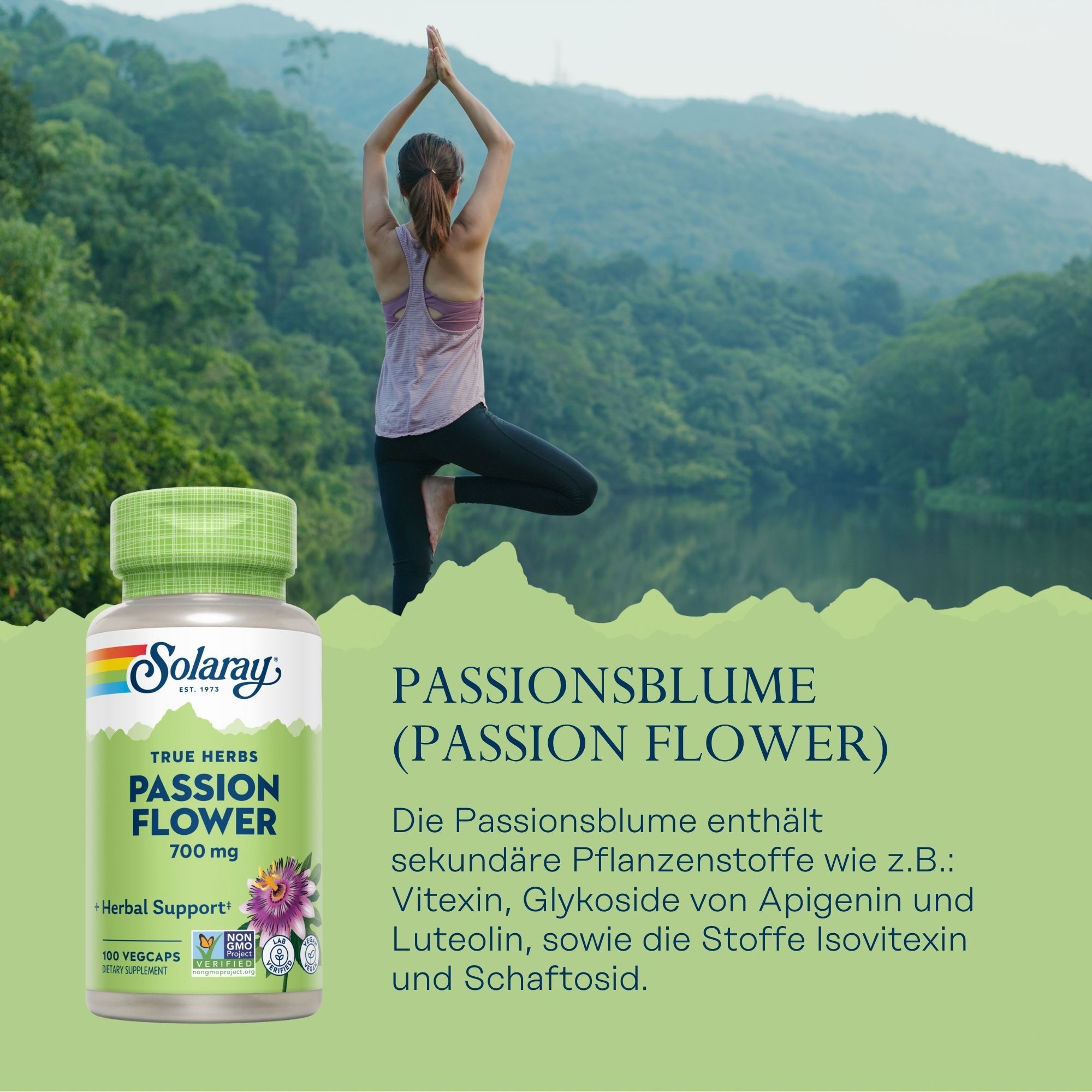 Solaray Passionsblume-Kapseln. Grüne Flasche mit weißem Deckel. Aufschrift: True Herbs, Passion Flower, 700 mg. 100 Vegcaps.