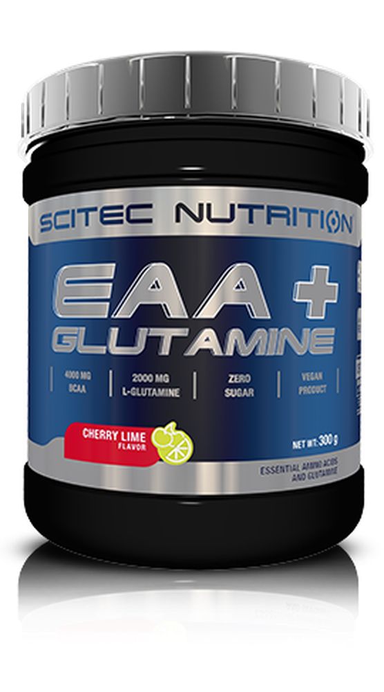 Schwarze Dose mit blauem Etikett. Aufschrift: EAA + Glutamine, Scitec Nutrition. Kirsch-Limette-Geschmack. Vegan.