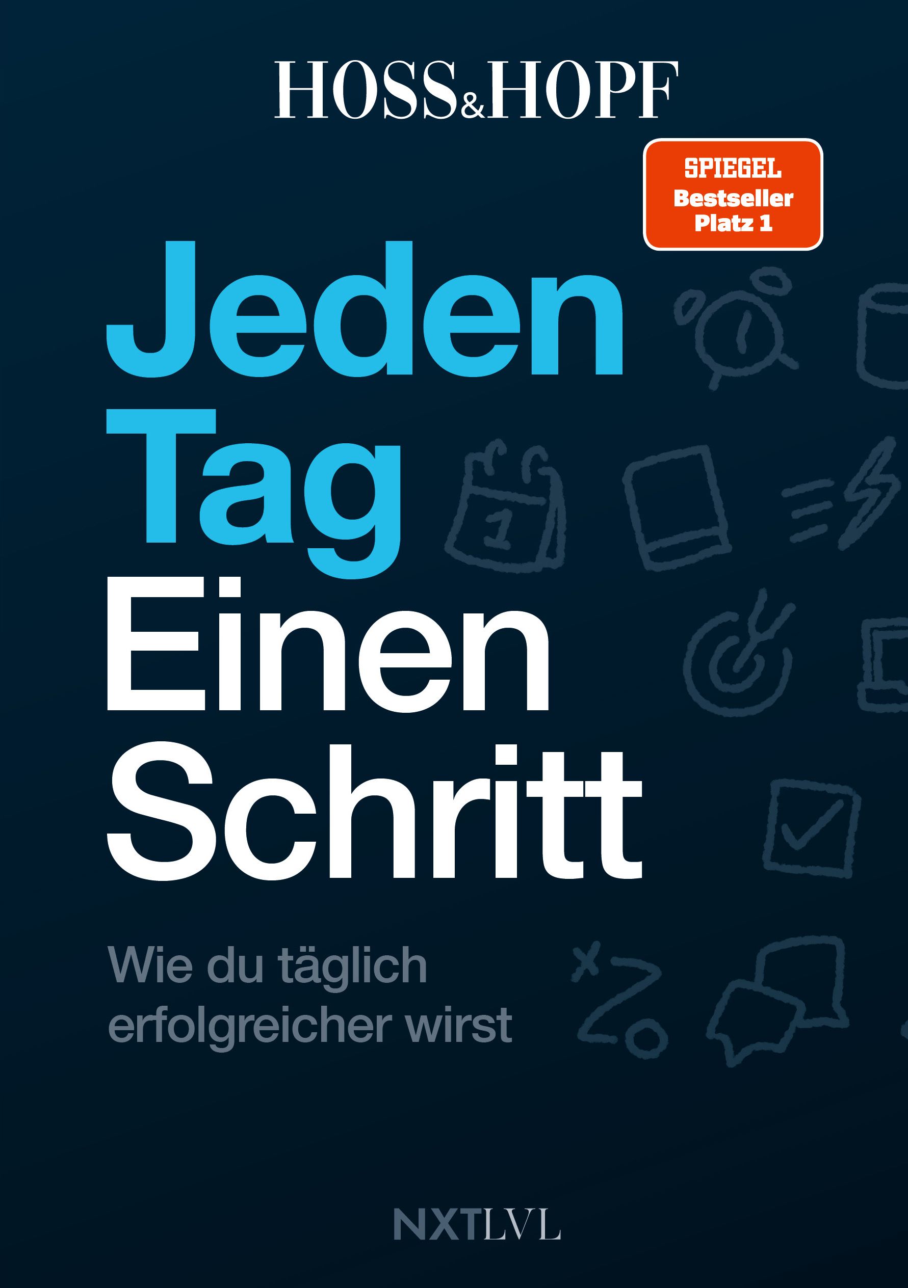 Buchcover mit Titel "Jeden Tag einen Schritt". Autor Hoss & Hopf. Spiegel Bestseller Platz 1. Blauer Hintergrund mit Icons.
