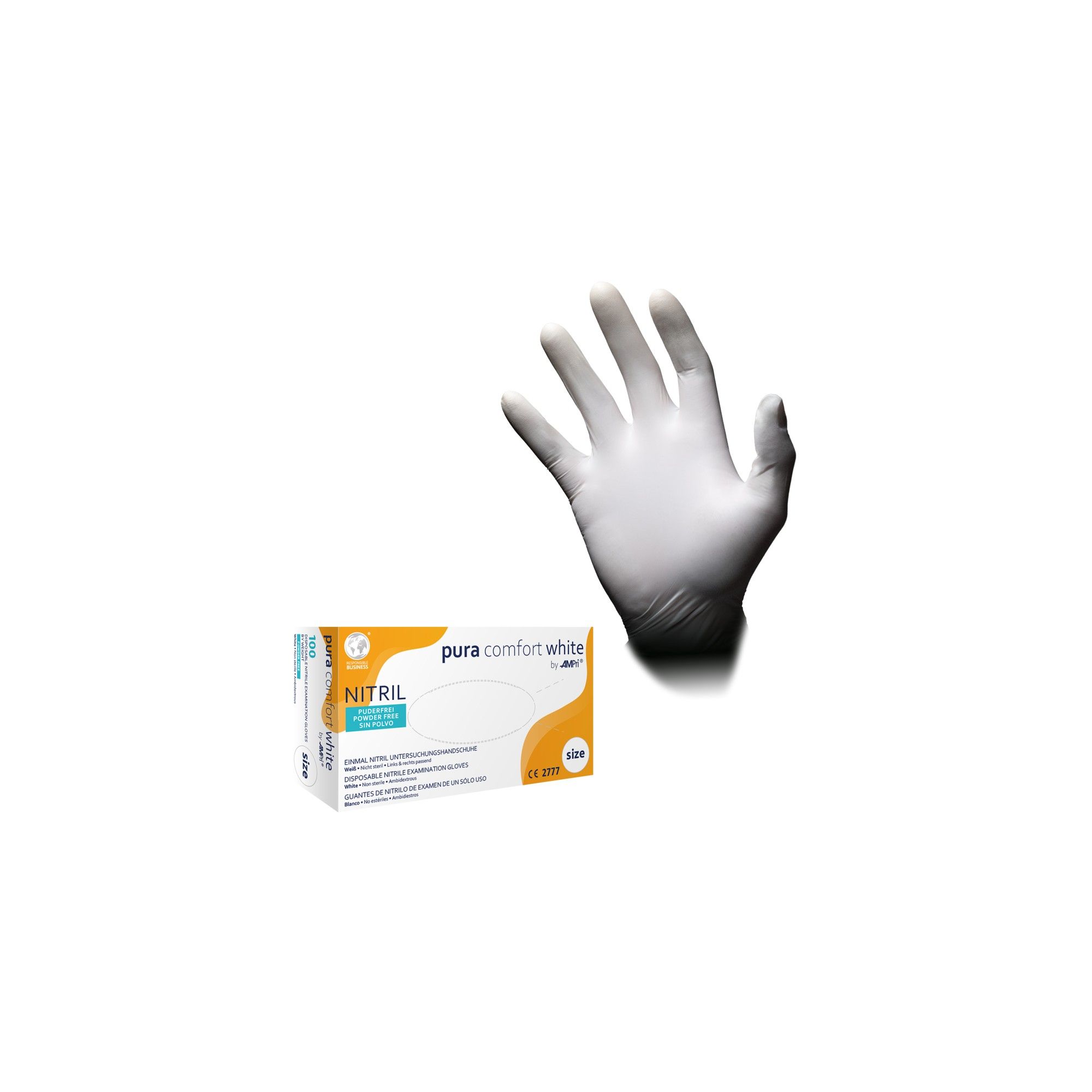 Weiße Nitrilhandschuhe, puderfrei, mit einer Schachtel.