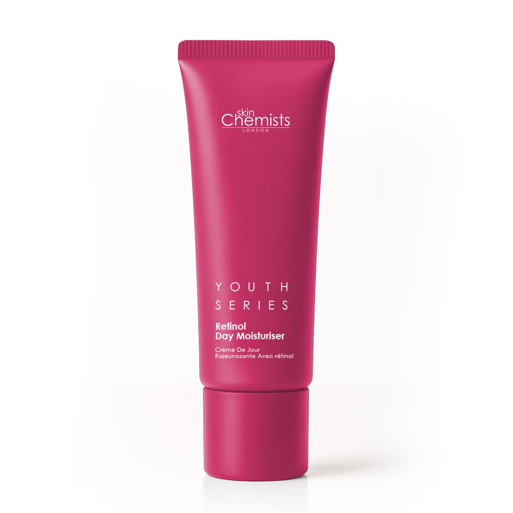Tube SkinChemists Retinol & Bakuchiol Tagescreme auf weißem Hintergrund.