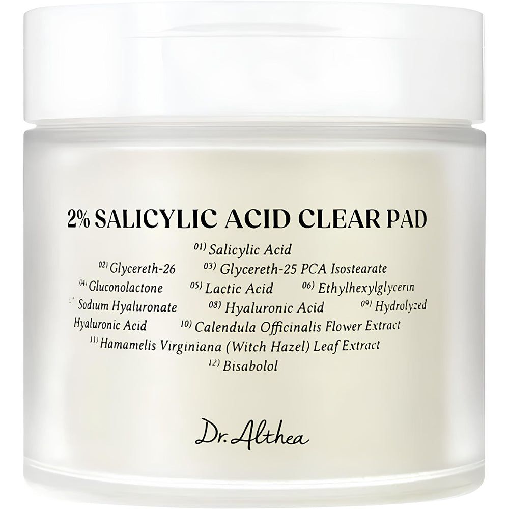 Dr. Althea 2% Salicylsäure Clear Pad in einem klaren Glasbehälter mit weißem Deckel und detaillierter Beschriftung.