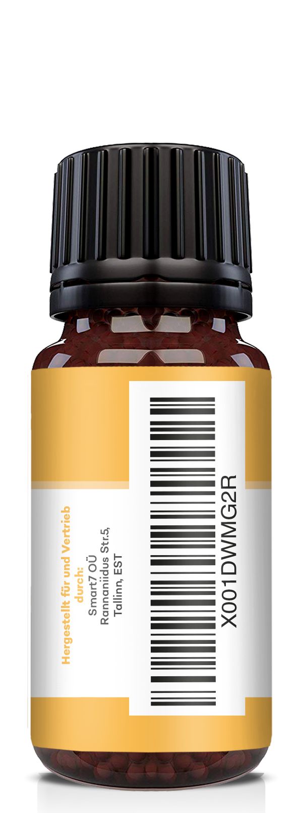 Braune Glasflasche mit schwarzem Deckel. Etikett mit Barcode und Herstellerinformationen. Text: "WURM GLOBULI".