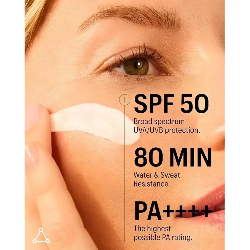 Nahaufnahme eines Gesichts. Text: SPF 50, UVA/UVB-Schutz, 80 MIN Wasserfestigkeit, PA++++.