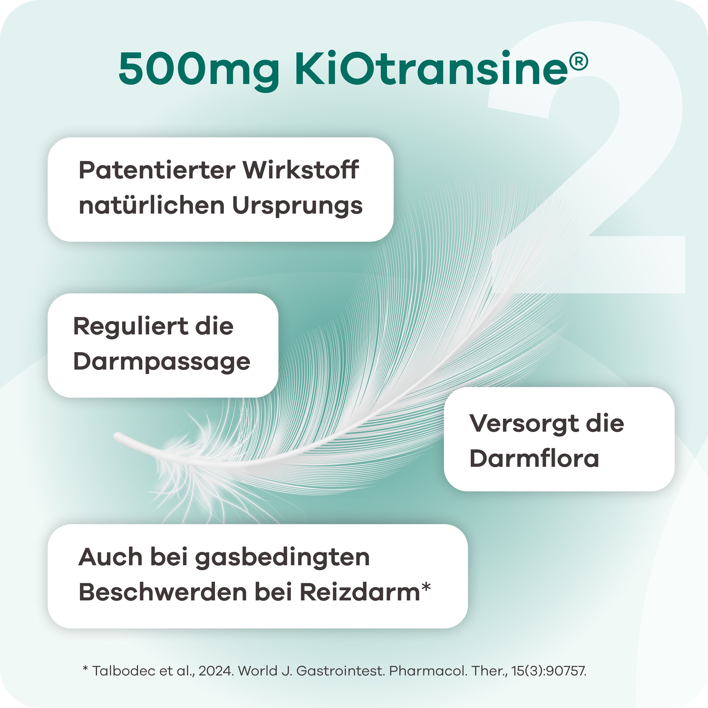 Infografik mit Text: 500mg KiOtransine. Patentierter Wirkstoff, reguliert die Darmpassage, versorgt die Darmflora. Auch bei Reizdarm.