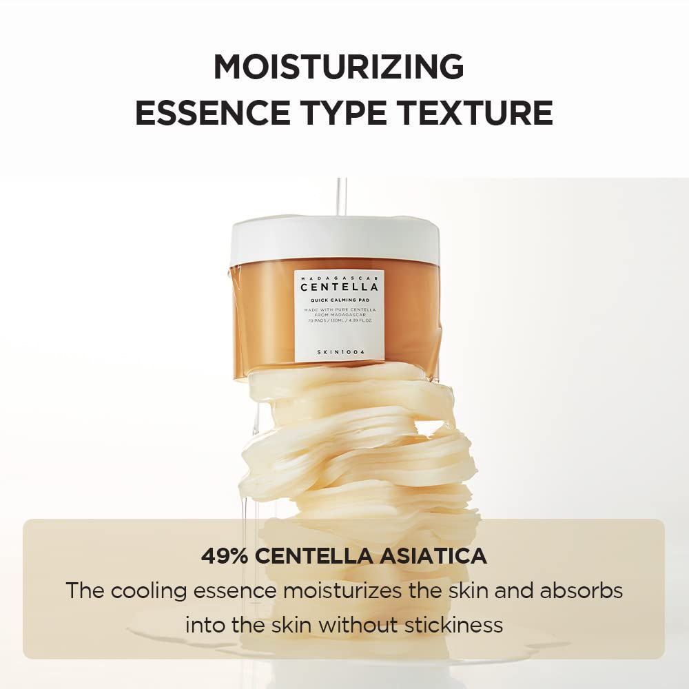 Produktverpackung mit Pads und Flüssigkeit. Text: 49% Centella Asiatica. Die kühlende Essenz befeuchtet die Haut und zieht ein.