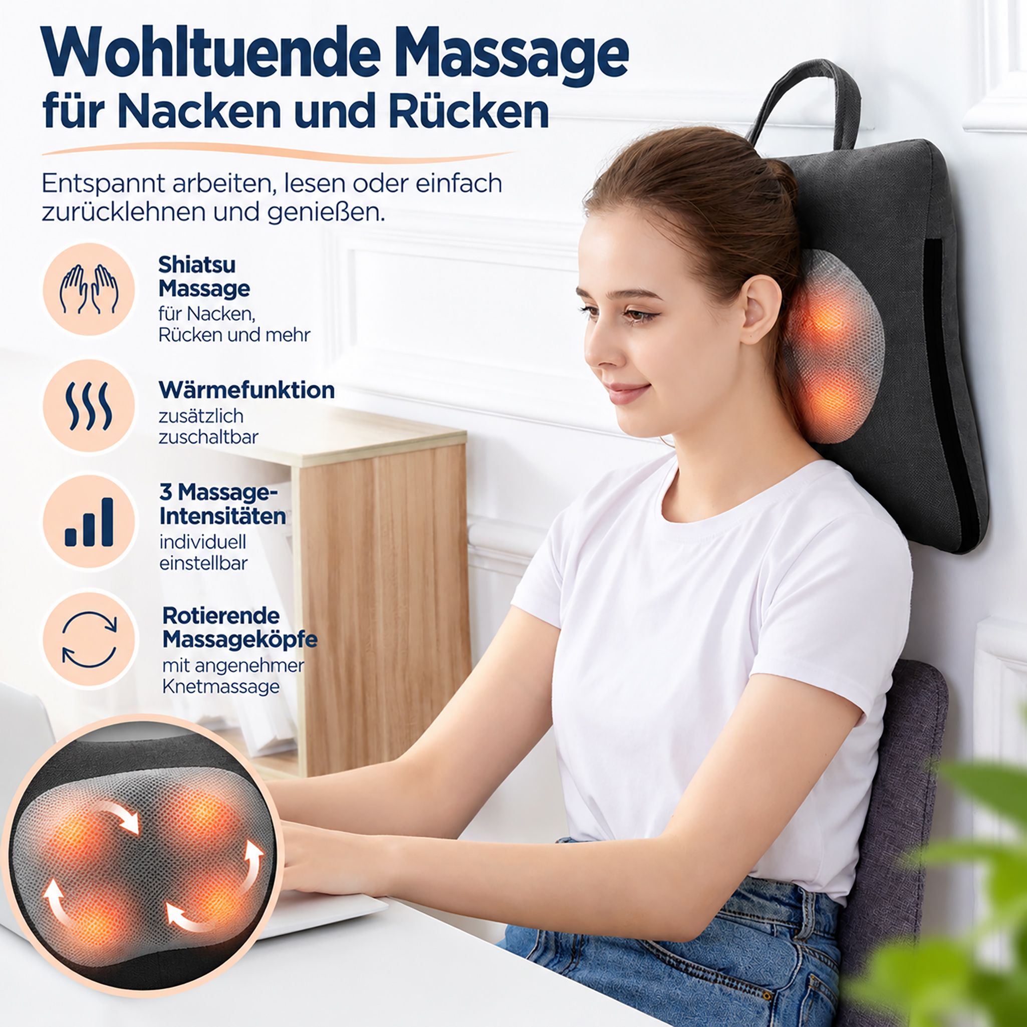 Frau am Schreibtisch mit einem Shiatsu-Massagekissen im Nackenbereich, das für Nacken- und Rückenmassage beworben wird.
