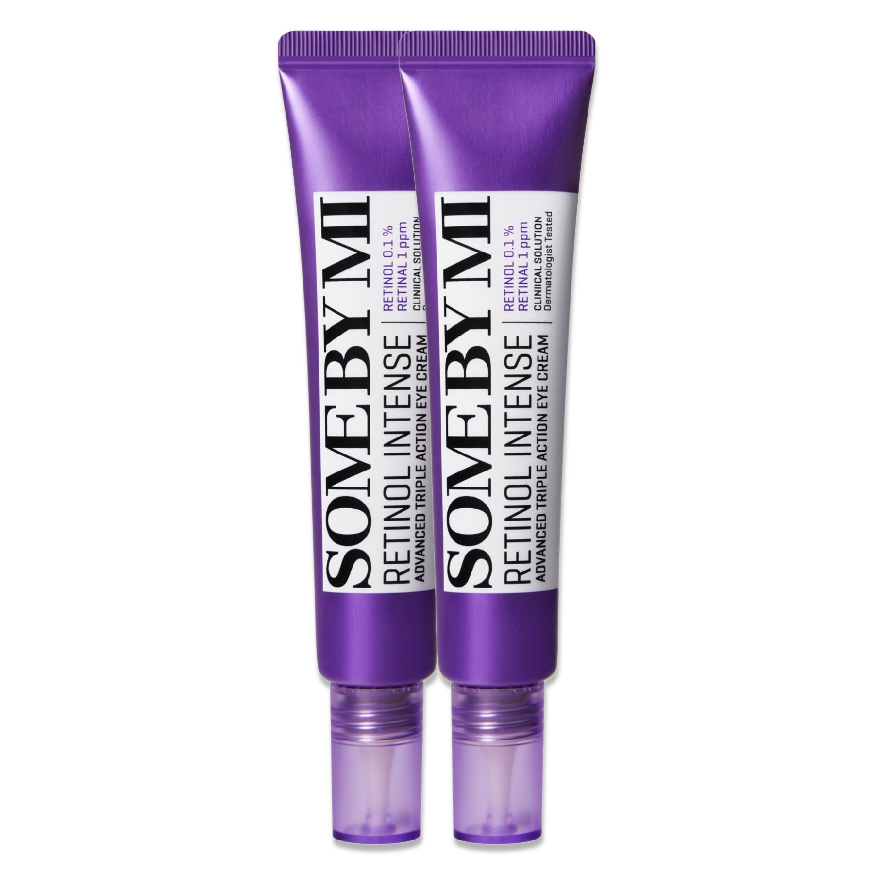 Zwei Tuben Augencreme. Lila Tuben mit weißer Schrift. Produktname: SOME BY MI RETINOL INTENSE EYE CREAM.