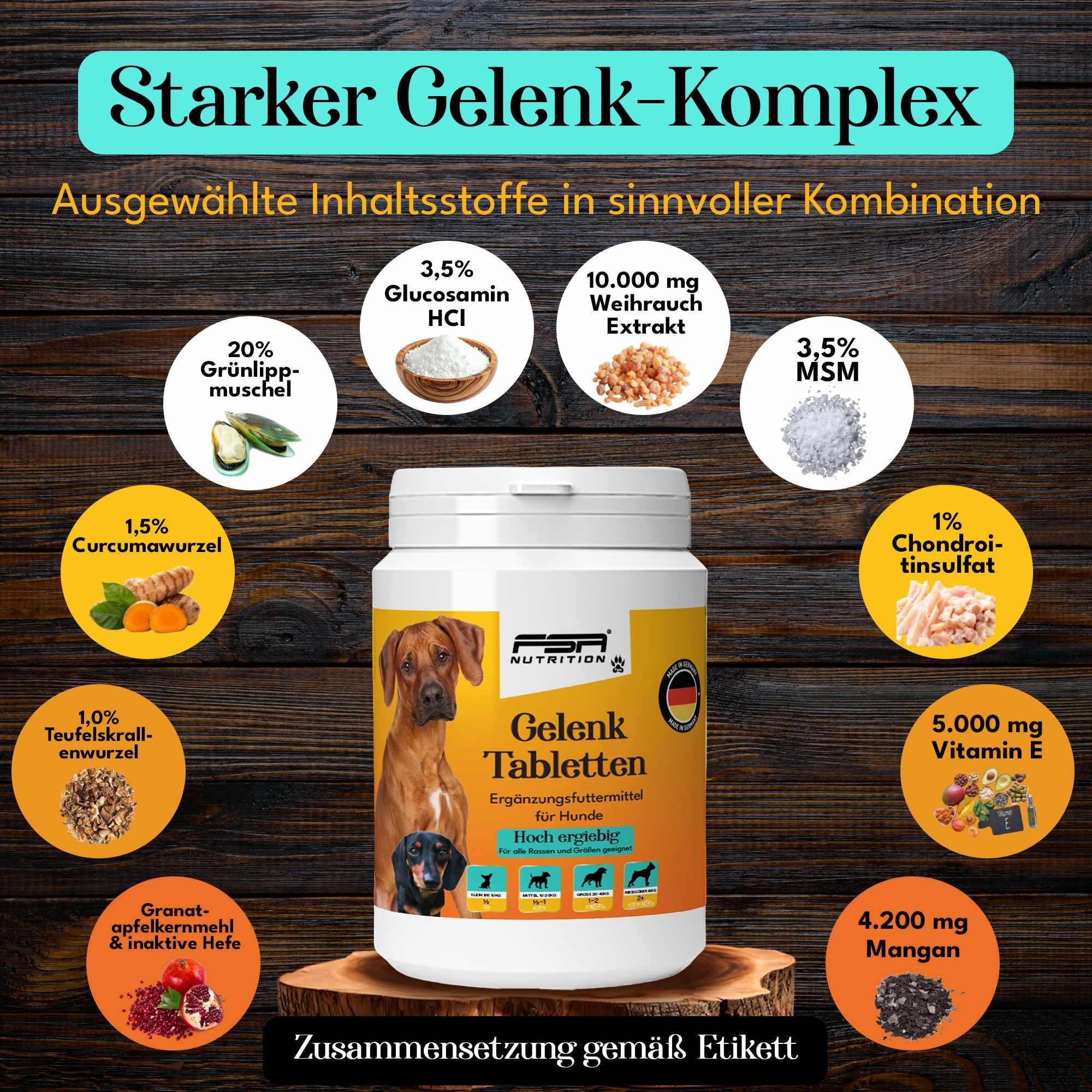 Weißes Tabletten-Behältnis mit Etikett. Text: Gelenk Tabletten für Hunde. Inhaltsstoffe: Grünlippmuschel, Glucosamin, Weihrauch, MSM, etc. Hoch ergiebig.